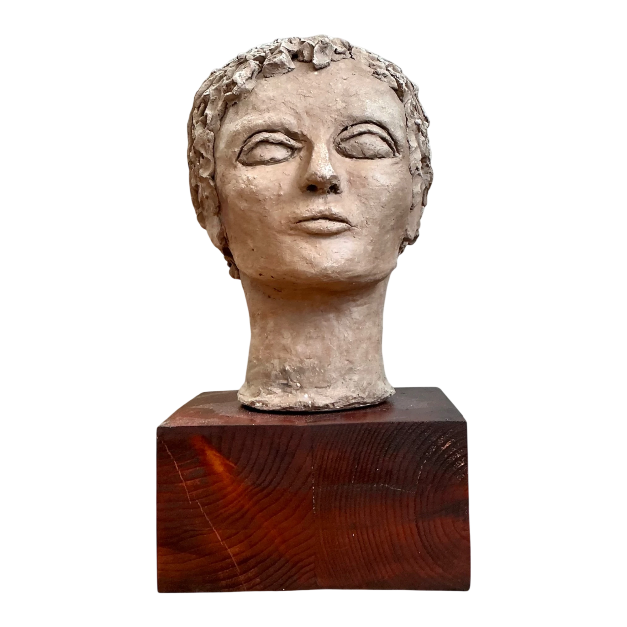 Vintage Plaster Head Sculpture on Wood Base - Plaster, 7W x 13.25H - Detail view