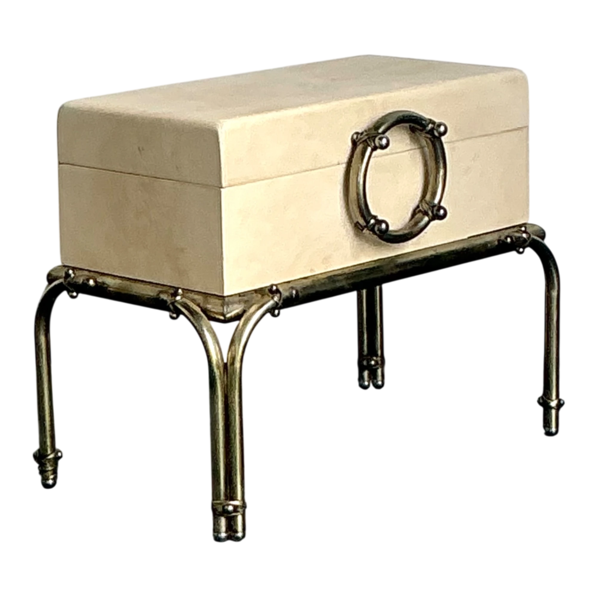 Vintage Brass and Parchment Box on Chrome Stand After Karl Springer - Detail view