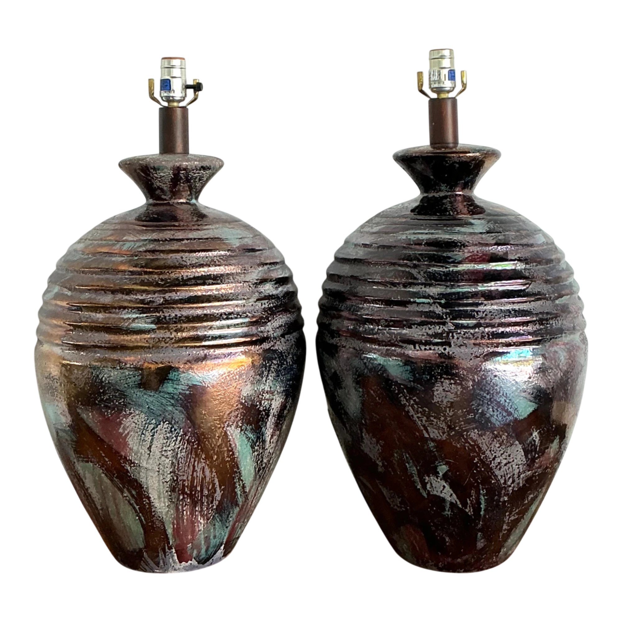 Vintage Glazed Metallic Ceramic Lamps - Set of 2 - Detail view