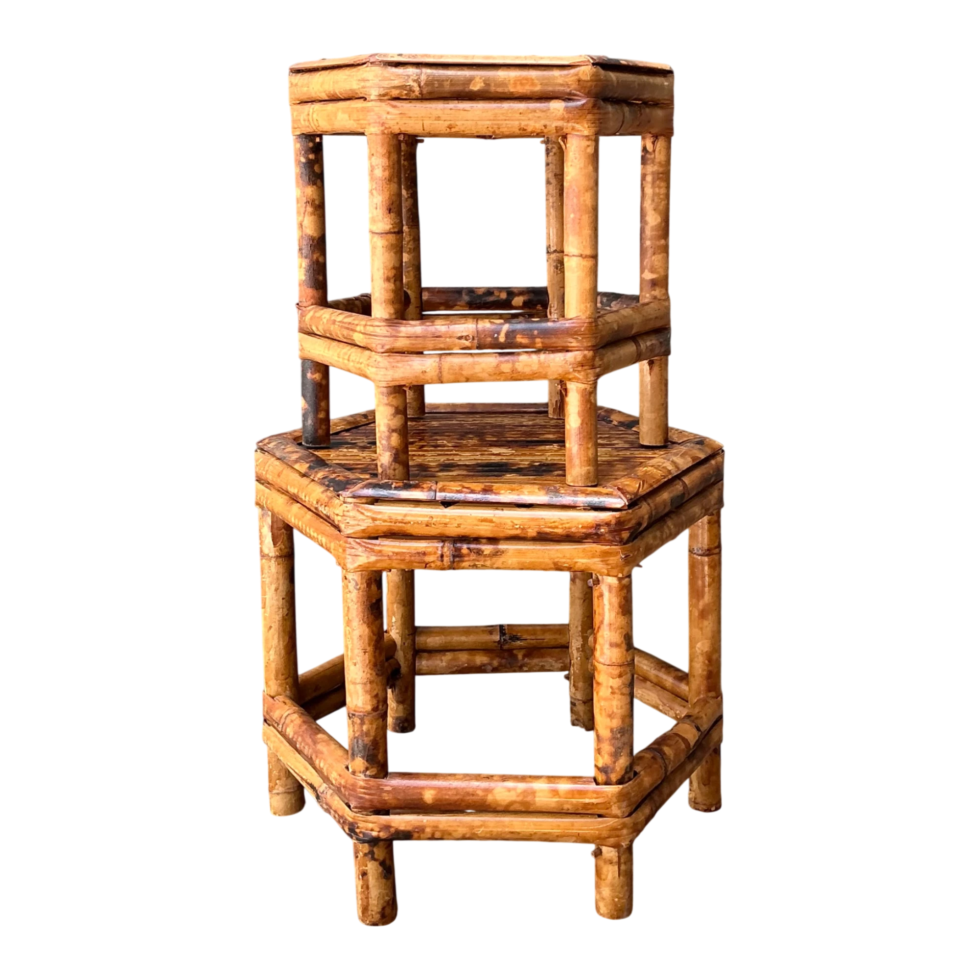 Vintage Hexagonal Bamboo Orchid Pedestals - Set Of 2 - Detail view