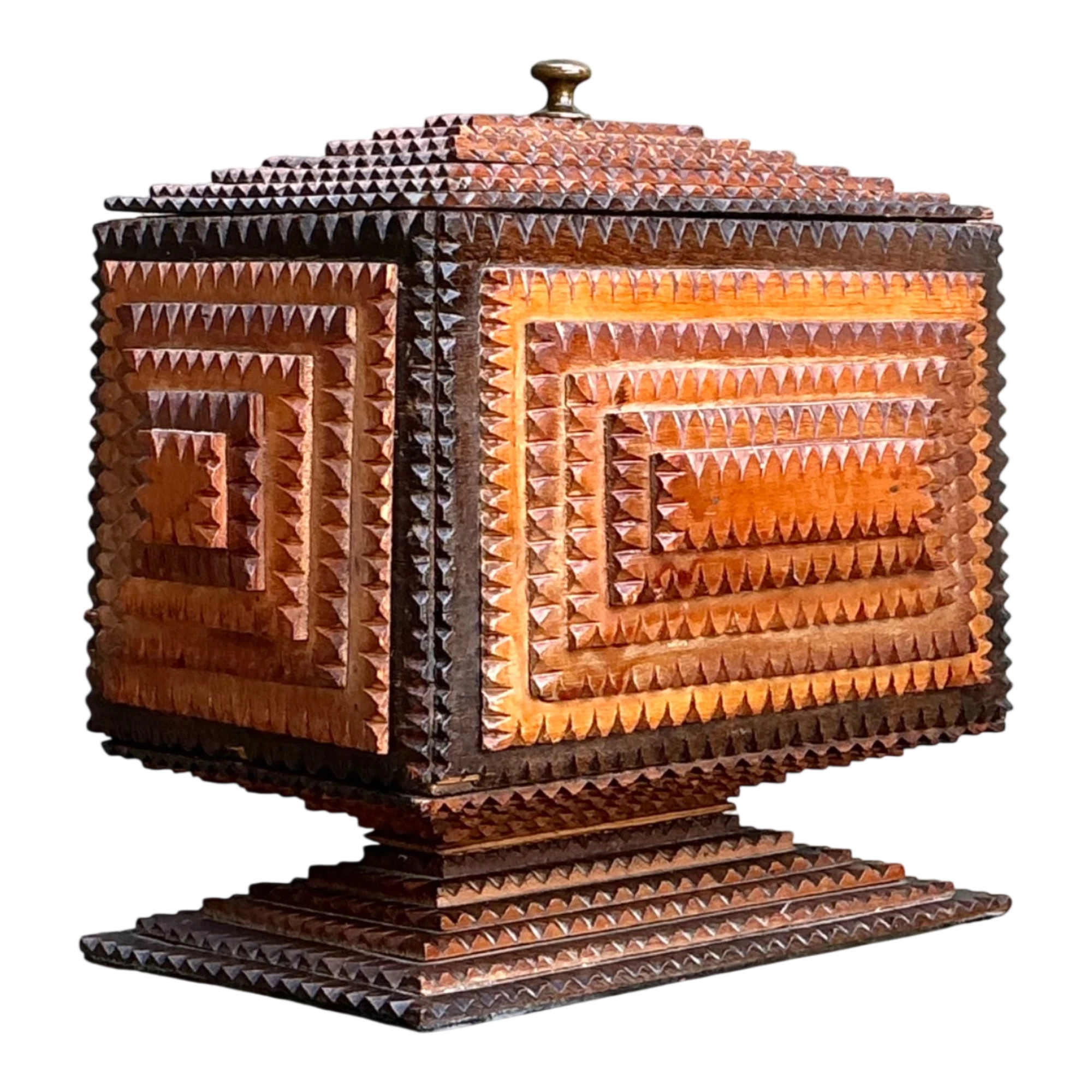 Vintage Tramp Art Wood Box On Pedestal - Detail view