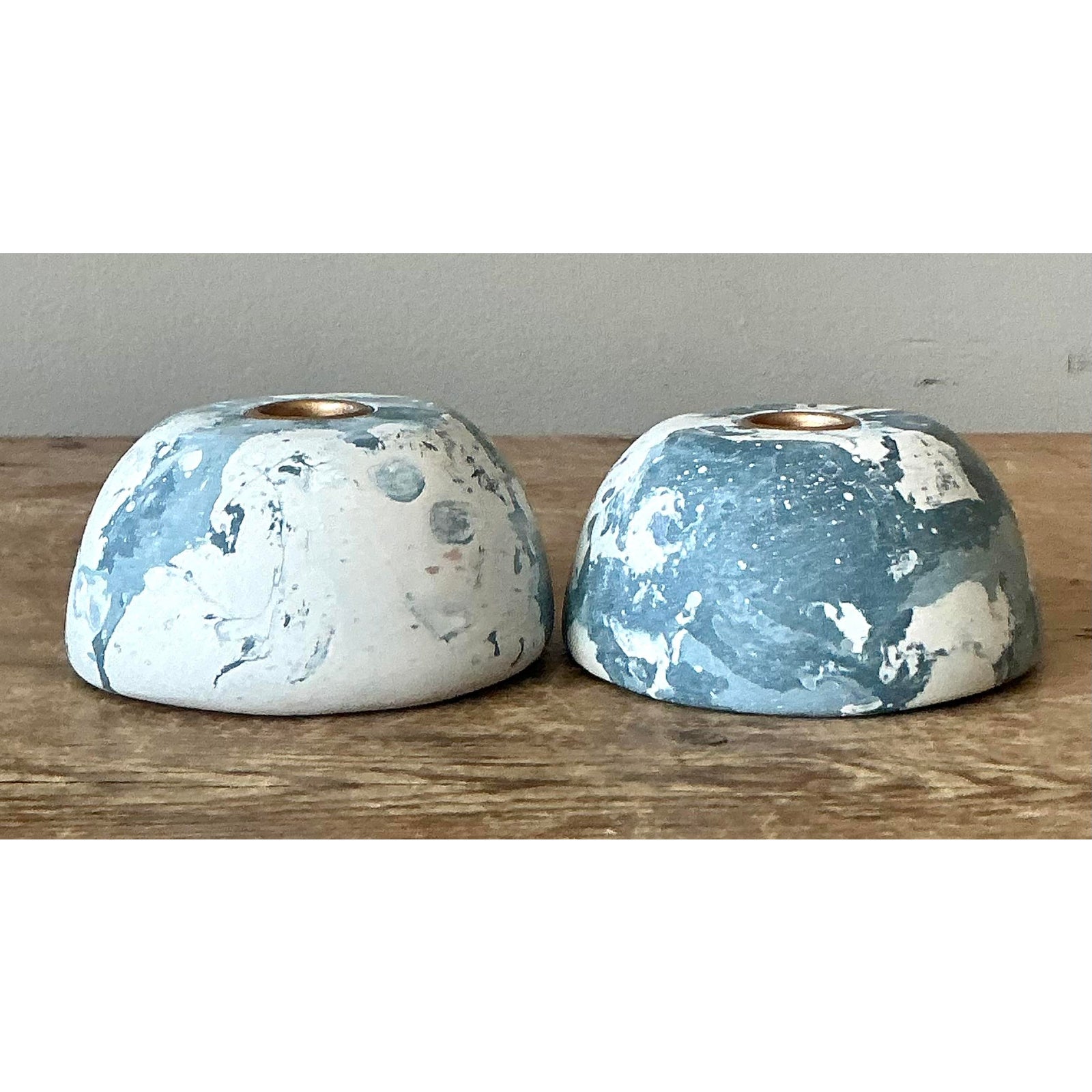 Boho Artisan Pigmented Plaster Scagliola Low Dome Candlestick Holders - Set of 2 - Side view