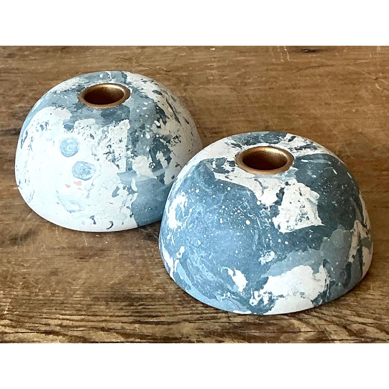 Boho Artisan Pigmented Plaster Scagliola Low Dome Candlestick Holders - Set of 2 - Back view