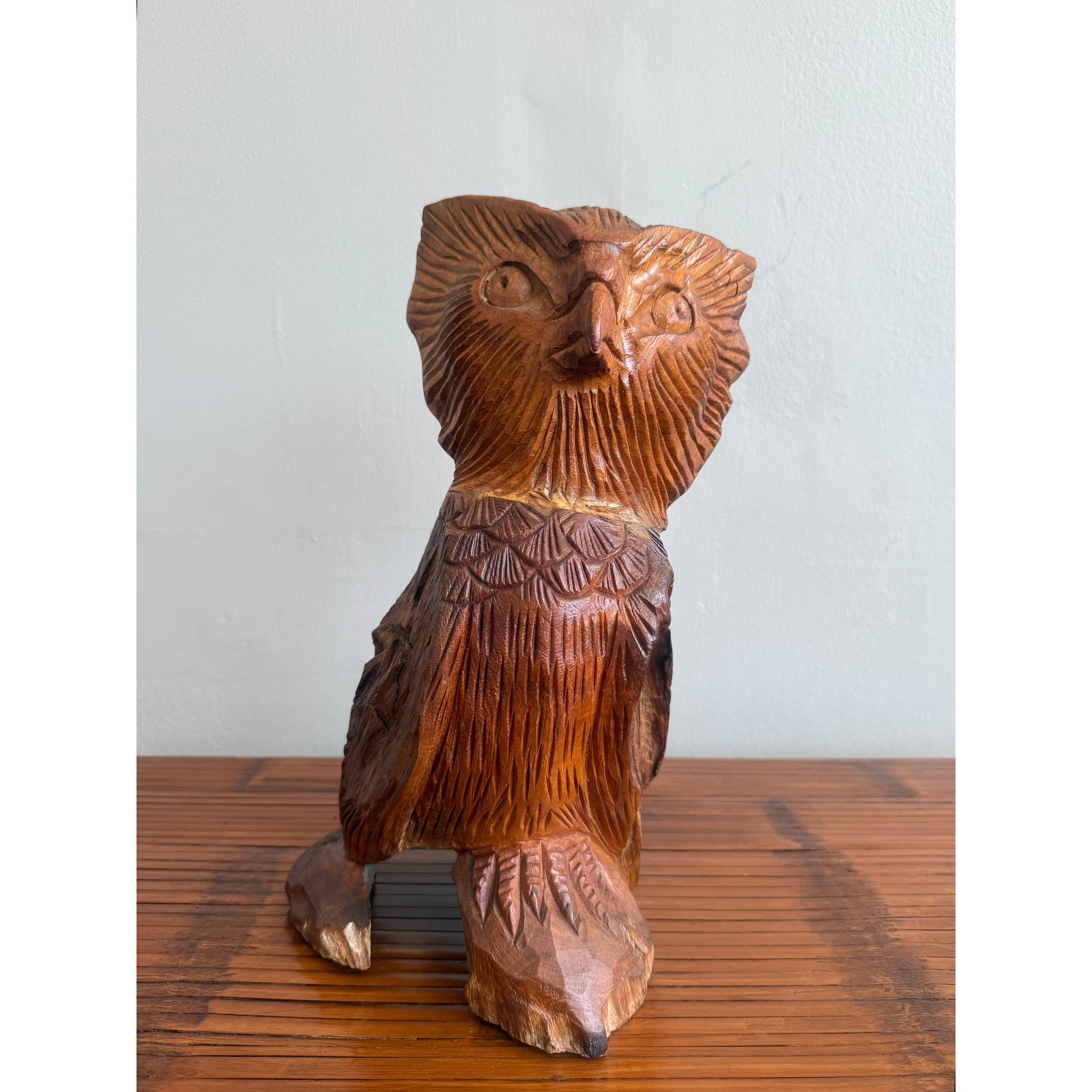 Boho Hand-Carved Wooden Owl Sculpture - Back view