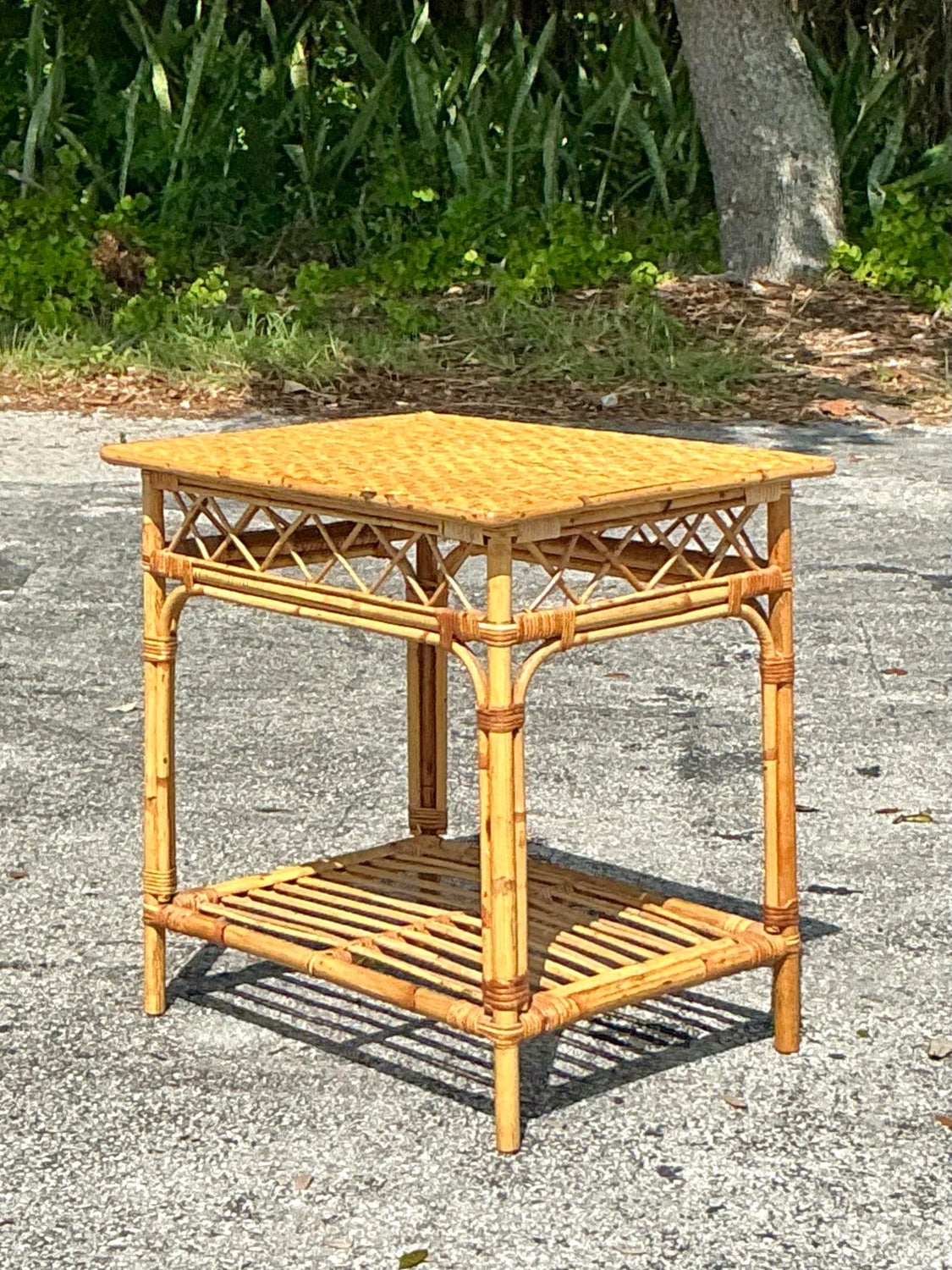 Vintage Coastal Woven Rattan Side Table - Back view
