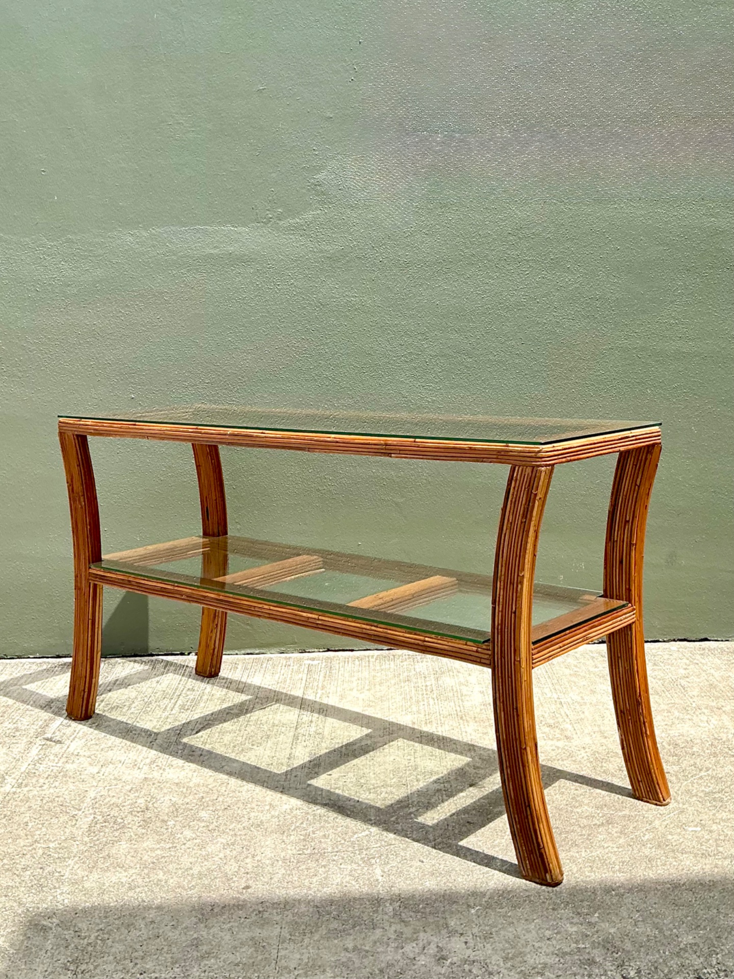 Vintage Pencil Reed and Glass Console Table - Side view