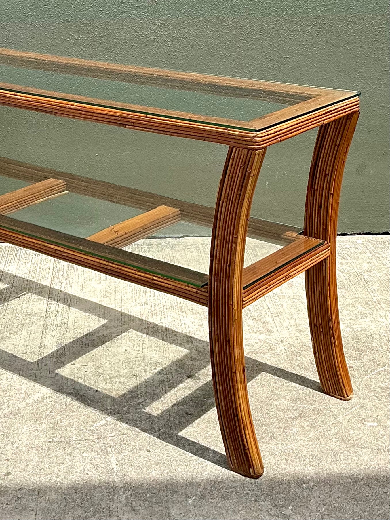 Vintage Pencil Reed and Glass Console Table - Back view