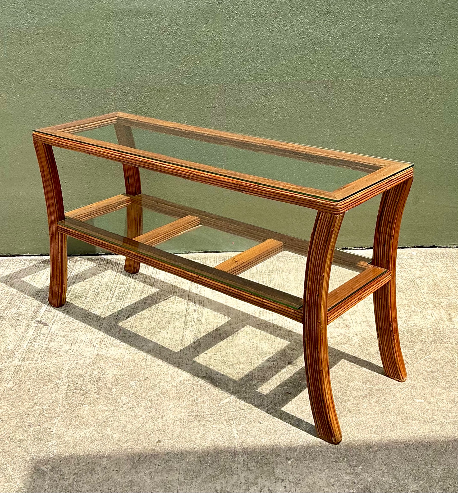 Vintage Pencil Reed and Glass Console Table - Detail view