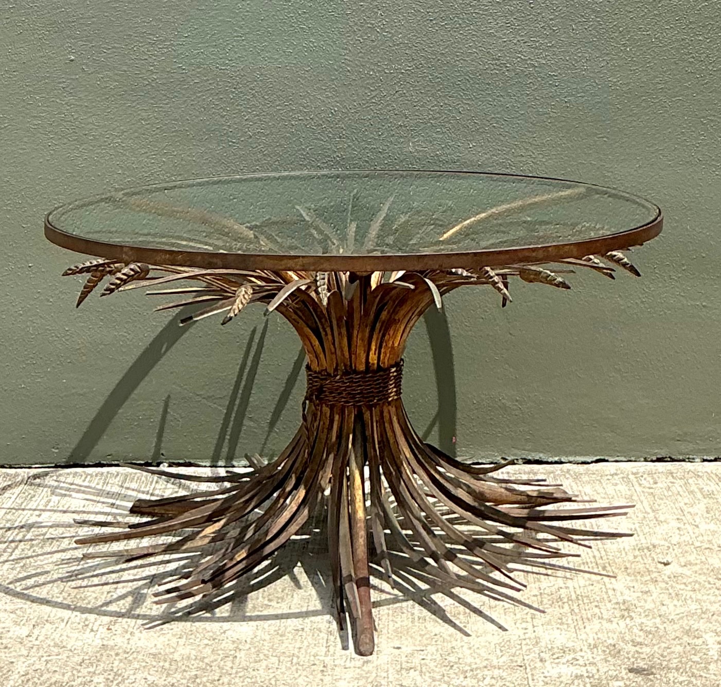 Vintage Distressed Gilt Metal and Glass Wheat Sheaf Table - Detail view