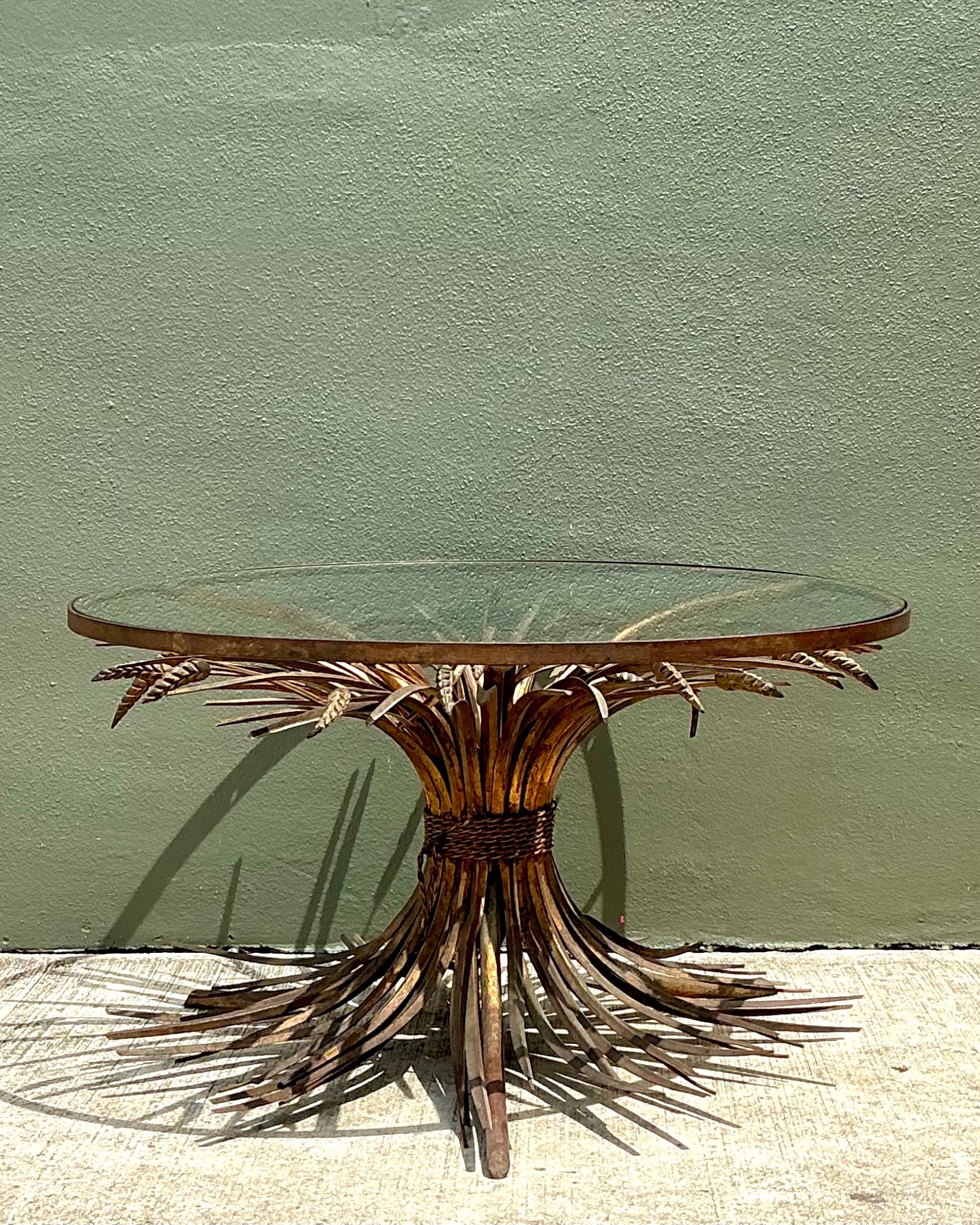 Vintage Distressed Gilt Metal and Glass Wheat Sheaf Table - Top view