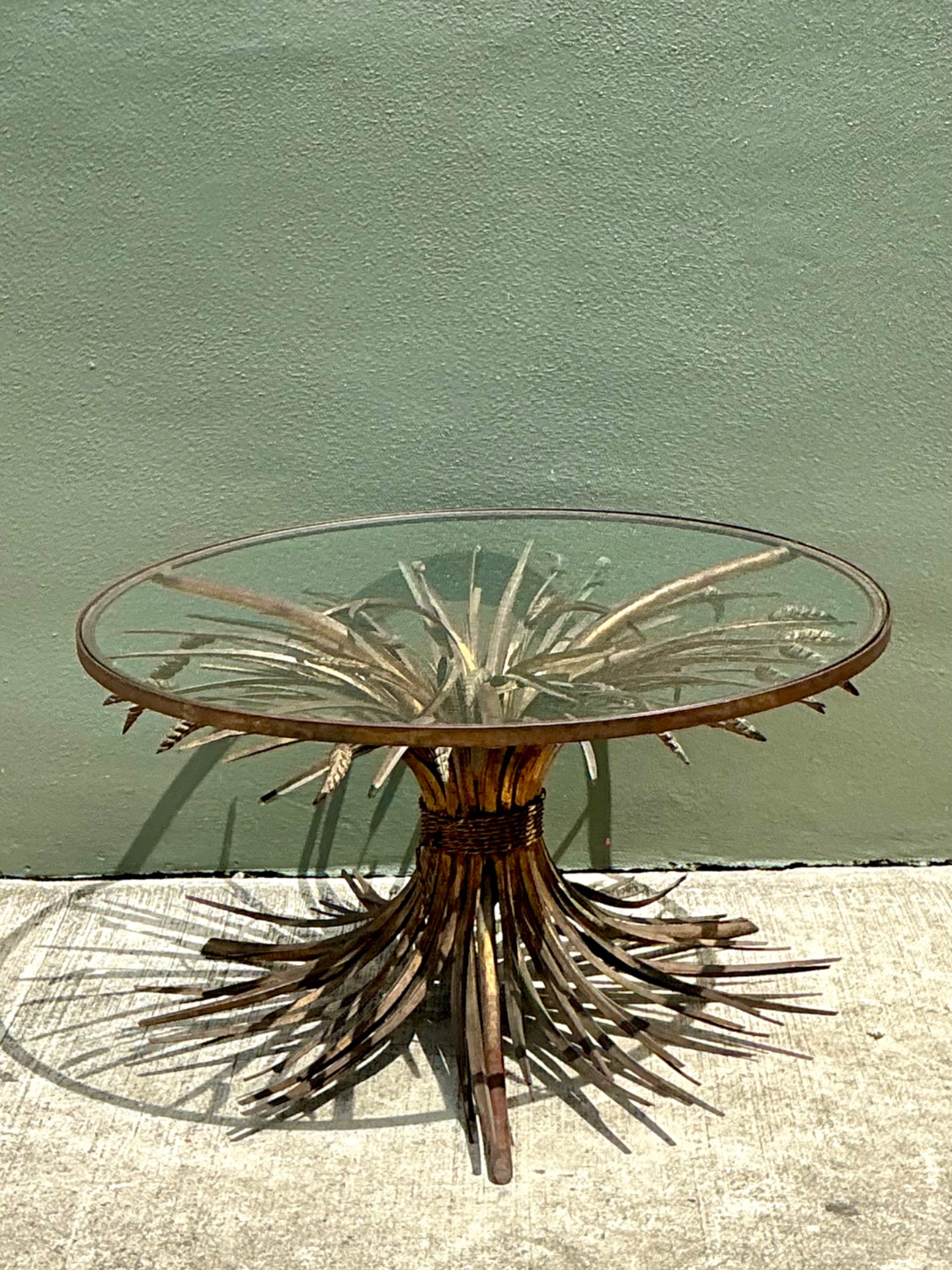 Vintage Distressed Gilt Metal and Glass Wheat Sheaf Table - Side view