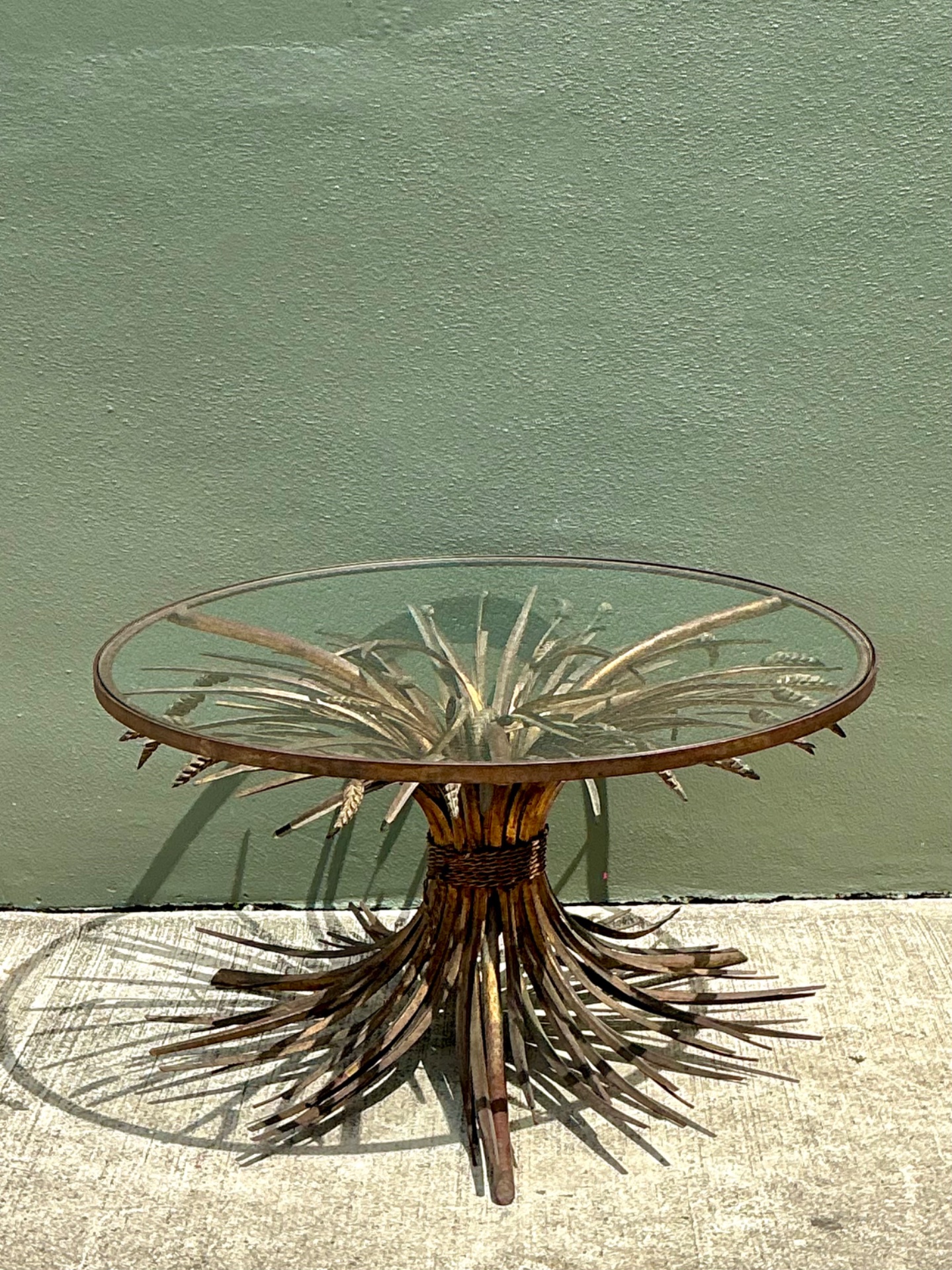 Vintage Distressed Gilt Metal and Glass Wheat Sheaf Table - Back view
