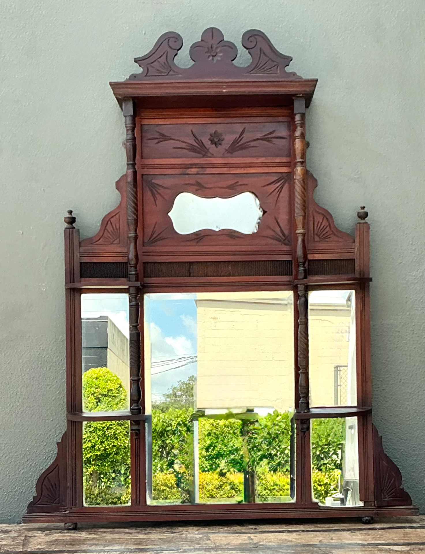 Vintage Eastlake Carved Wood Mantle Mirror - Top view