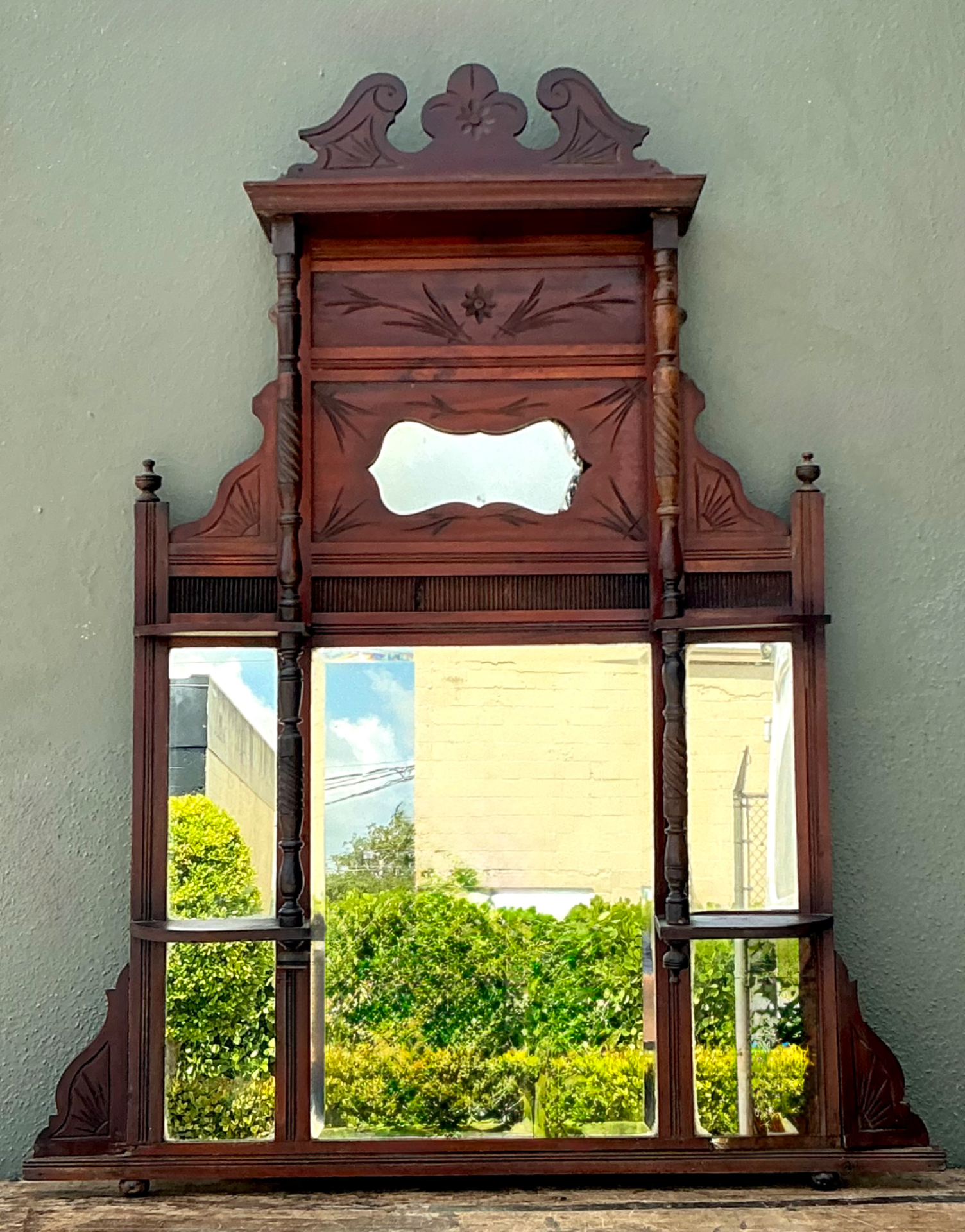Vintage Eastlake Carved Wood Mantle Mirror - Detail view