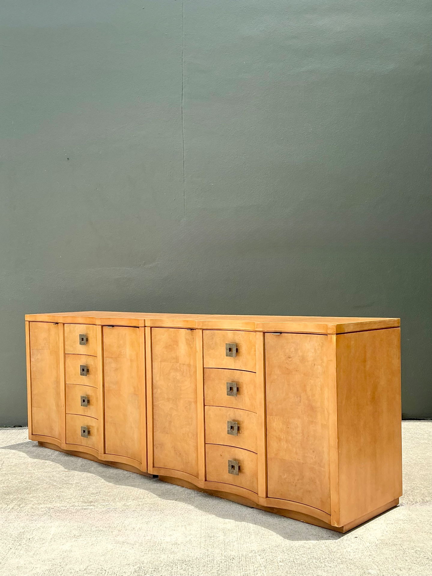 Vintage Deco Burl Wood and Metal Chest Of Drawers - A Pair - Side view