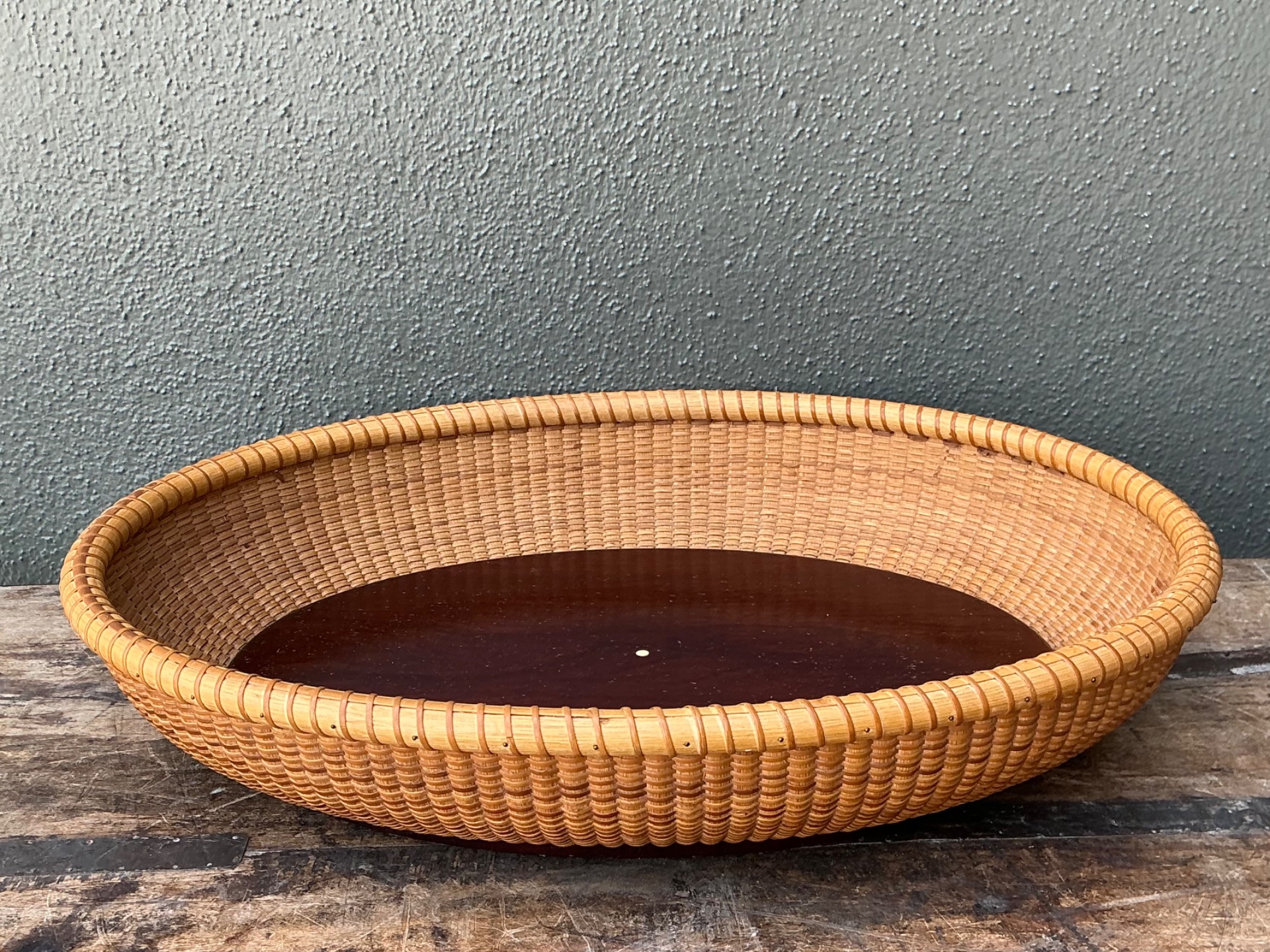 Vintage Rattan Woven Nantucket Basket With Wood Base - Back view