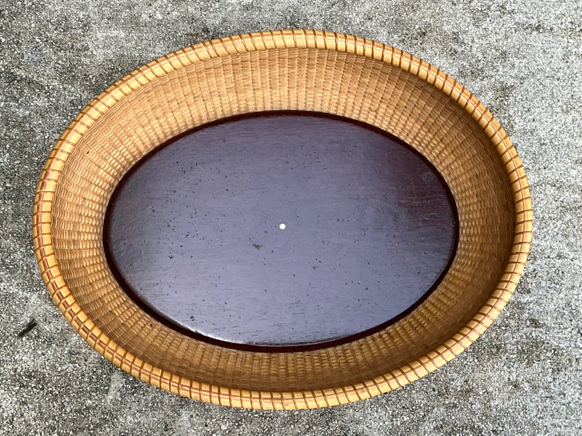 Vintage Rattan Woven Nantucket Basket With Wood Base - Detail view