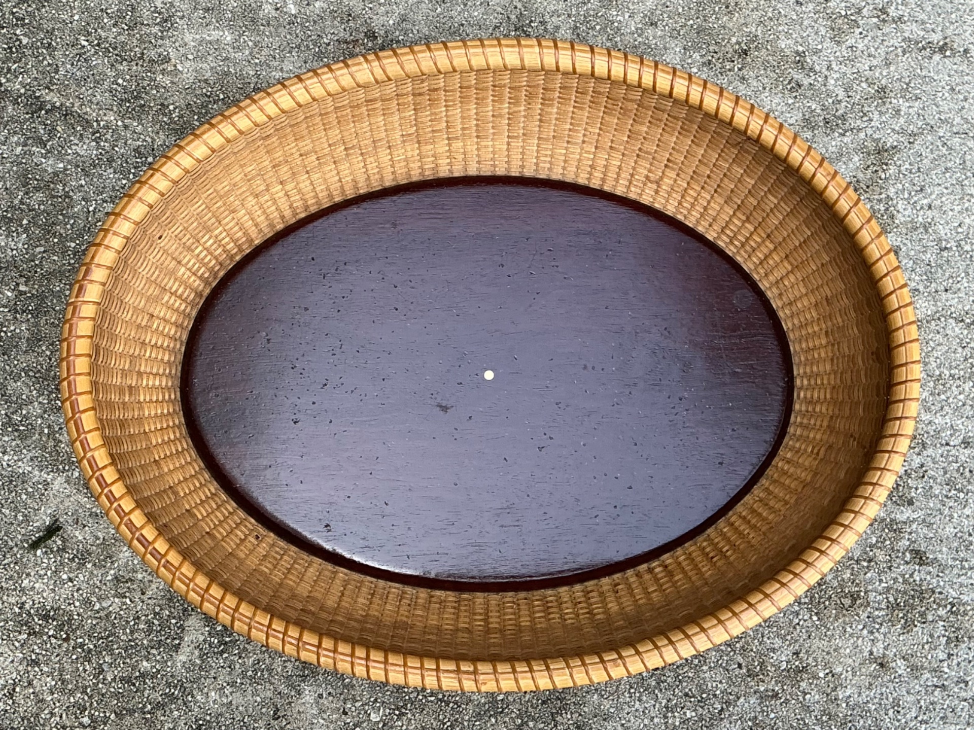 Vintage Rattan Woven Nantucket Basket With Wood Base - Top view