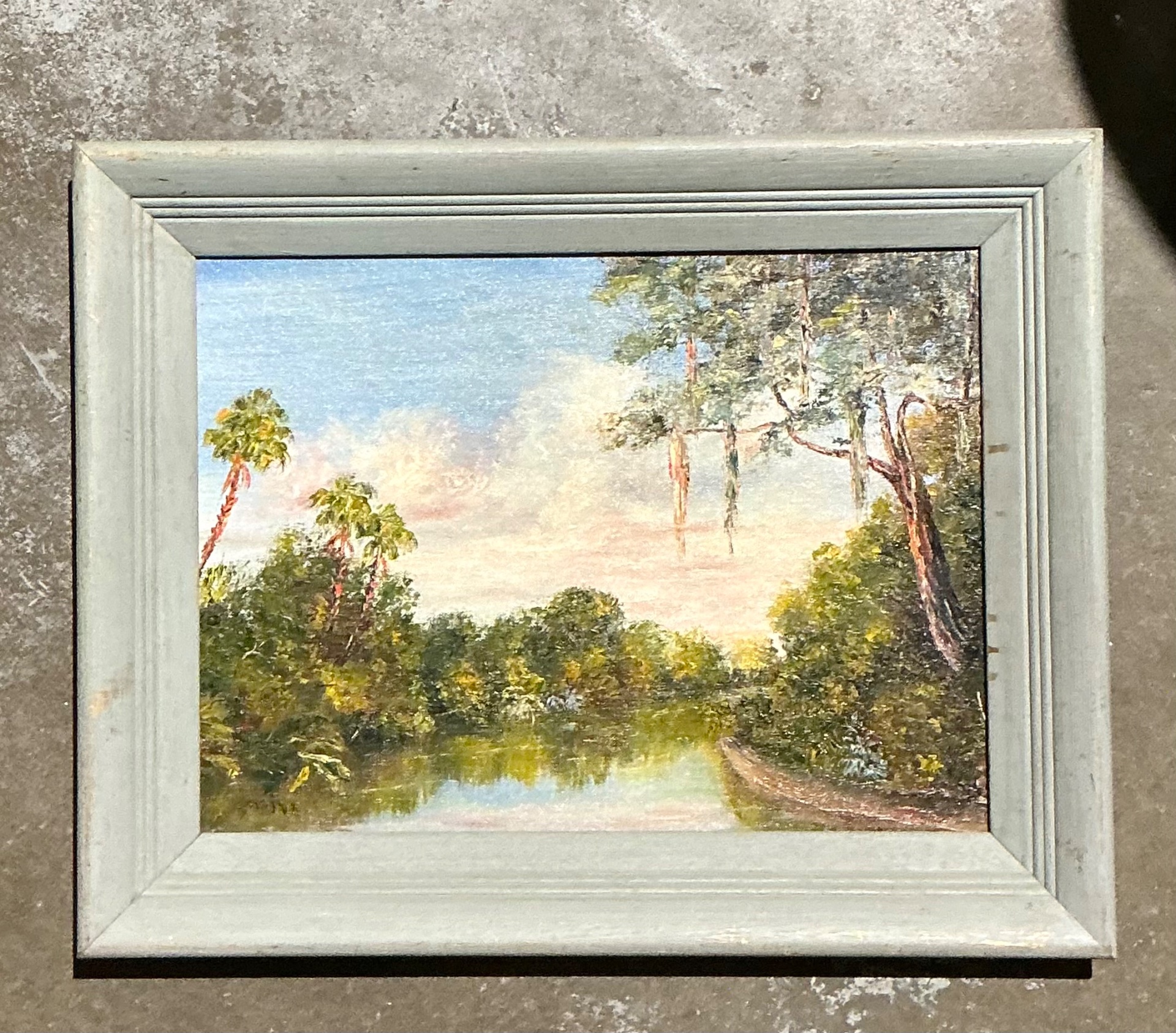 Vintage Landscape Oil Painting on Board - Side view