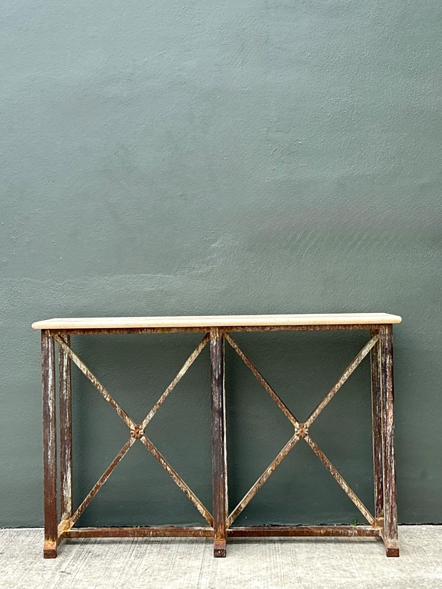 Vintage Patinated Metal And Stone Console Table - Top view