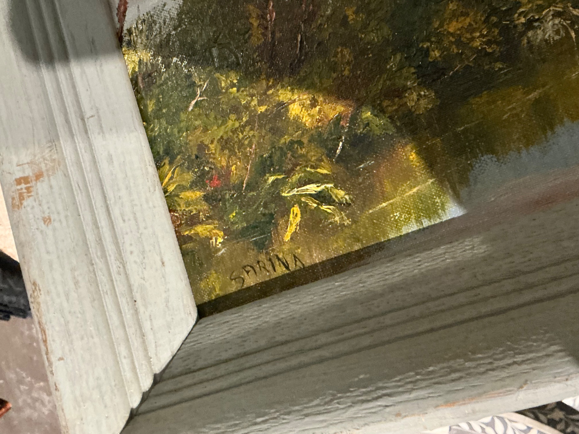 Vintage Landscape Oil Painting on Board - Top view