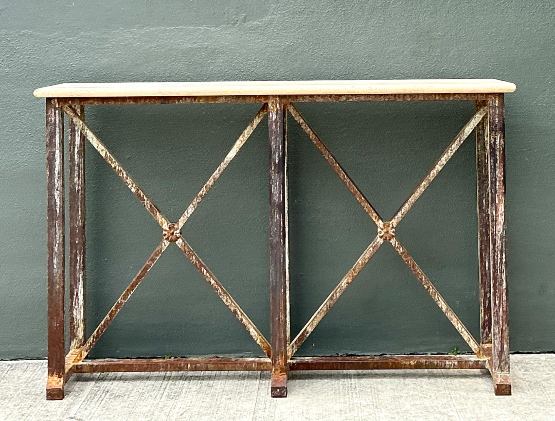 Vintage Patinated Metal And Stone Console Table - Side view