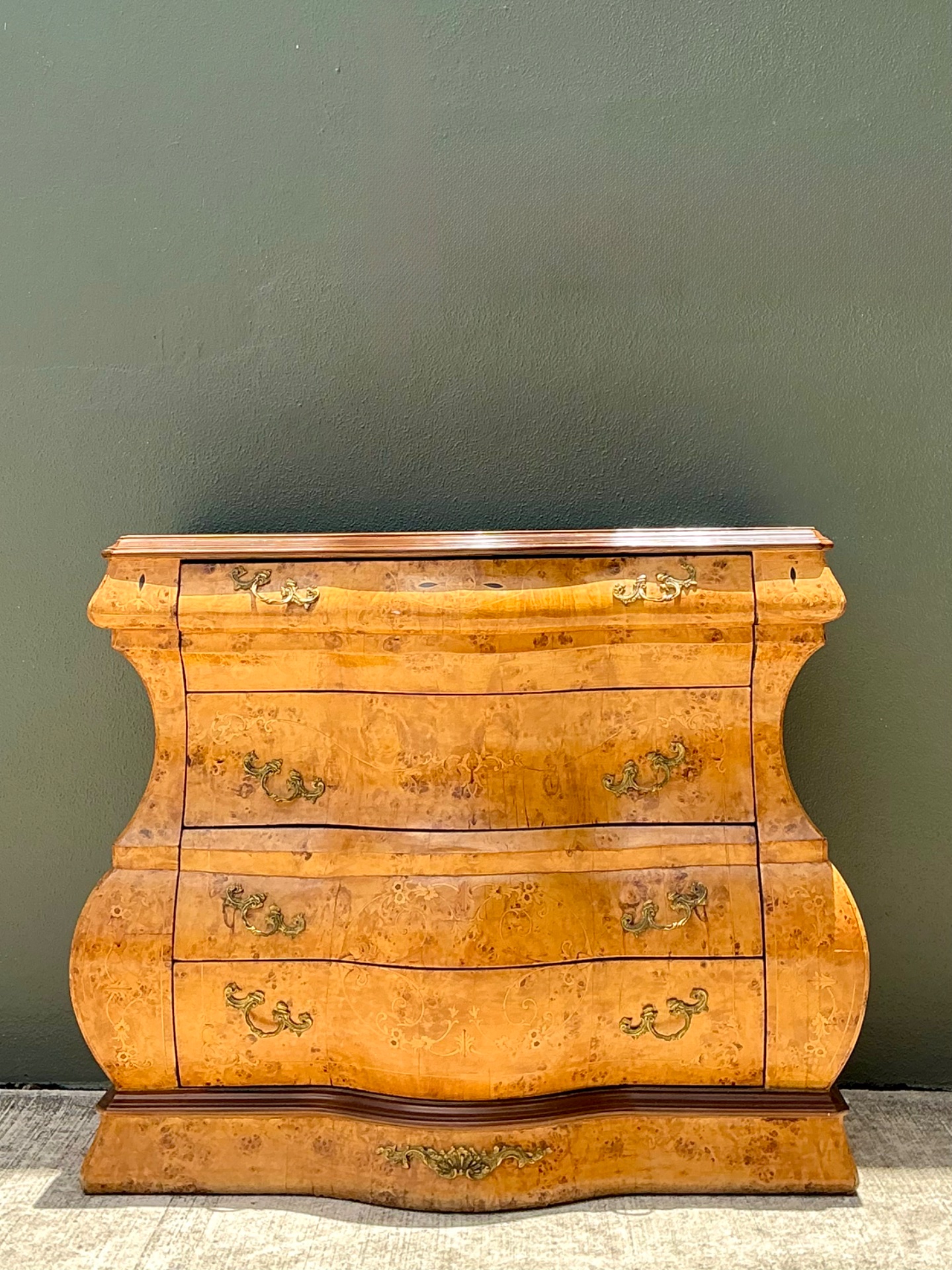 Vintage Burl Wood Marquetry Bombe Chest - Side view