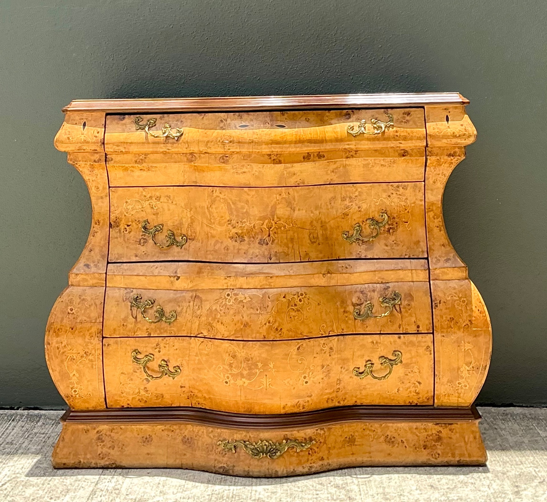 Vintage Burl Wood Marquetry Bombe Chest - Top view