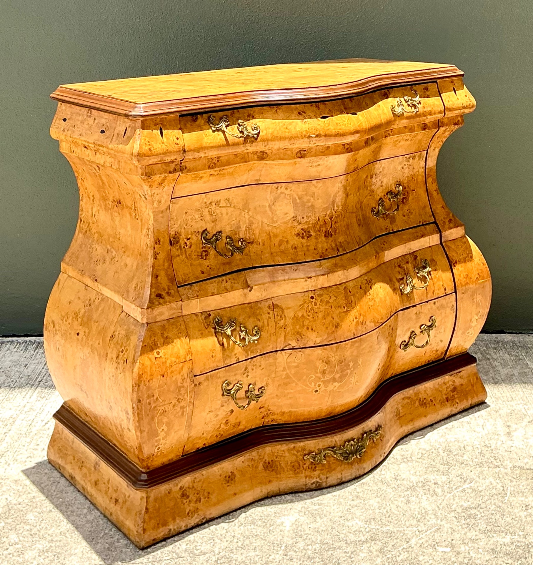 Vintage Burl Wood Marquetry Bombe Chest - Back view