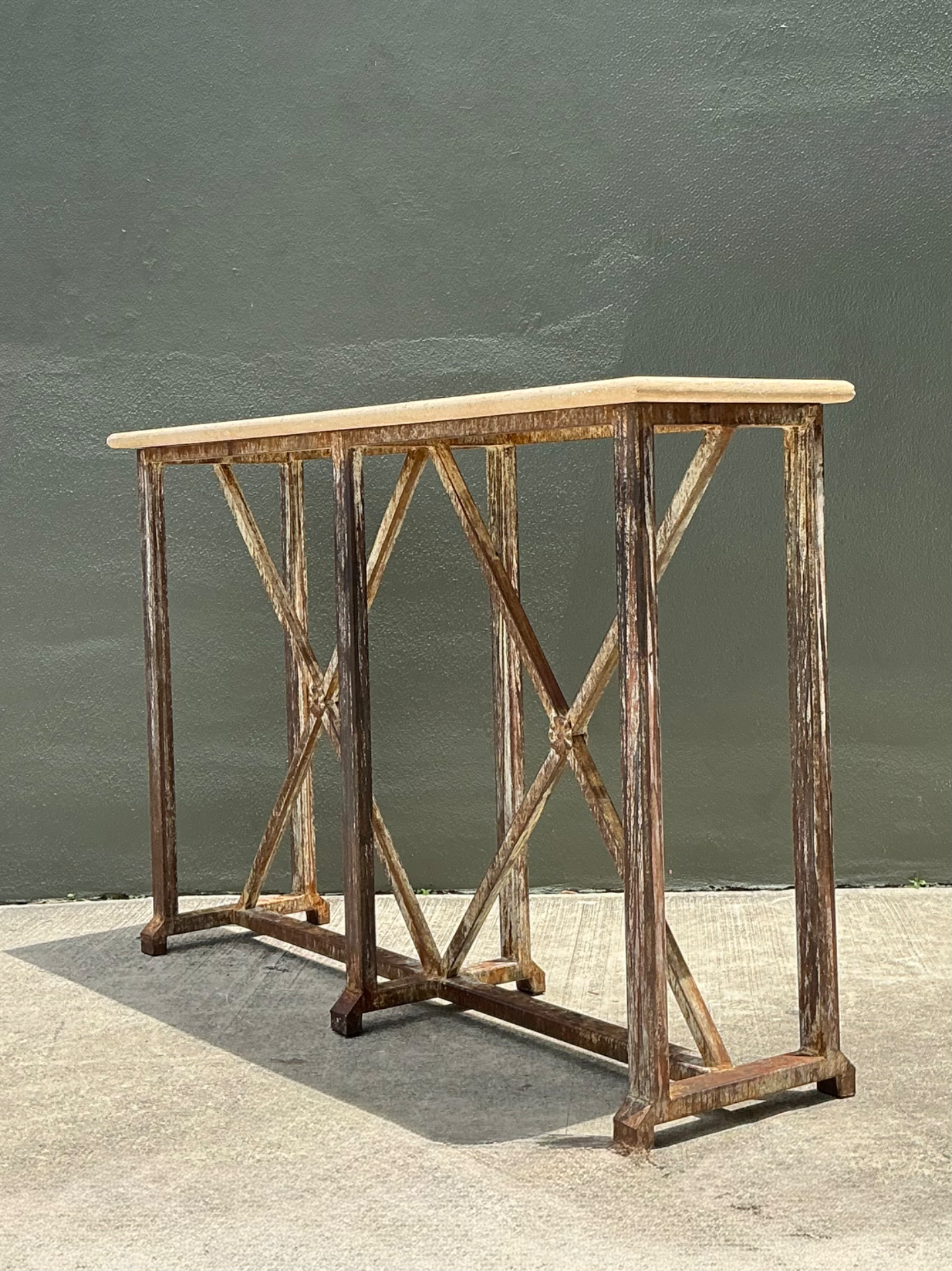 Vintage Patinated Metal And Stone Console Table - Back view