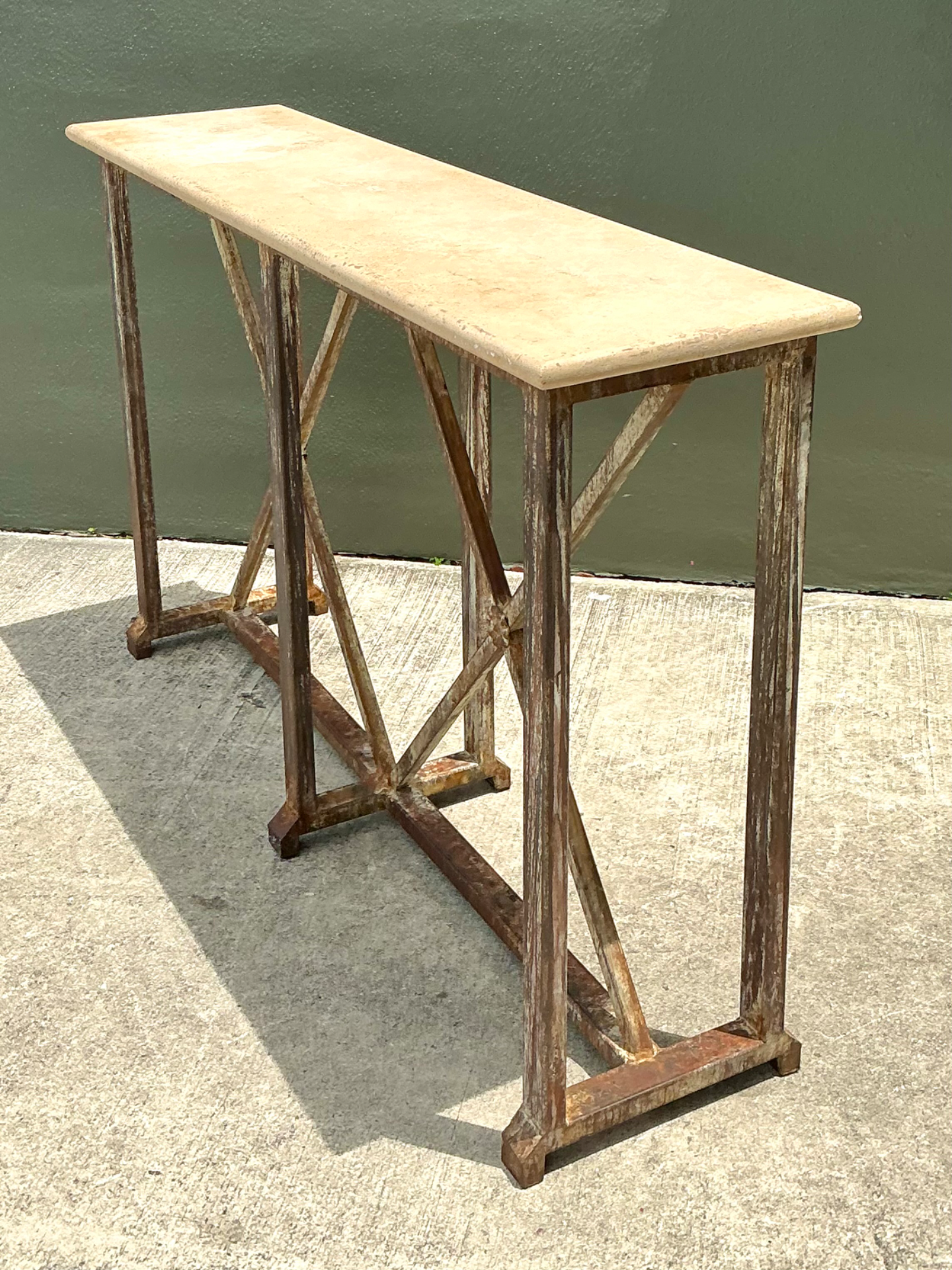 Vintage Patinated Metal And Stone Console Table - Detail view