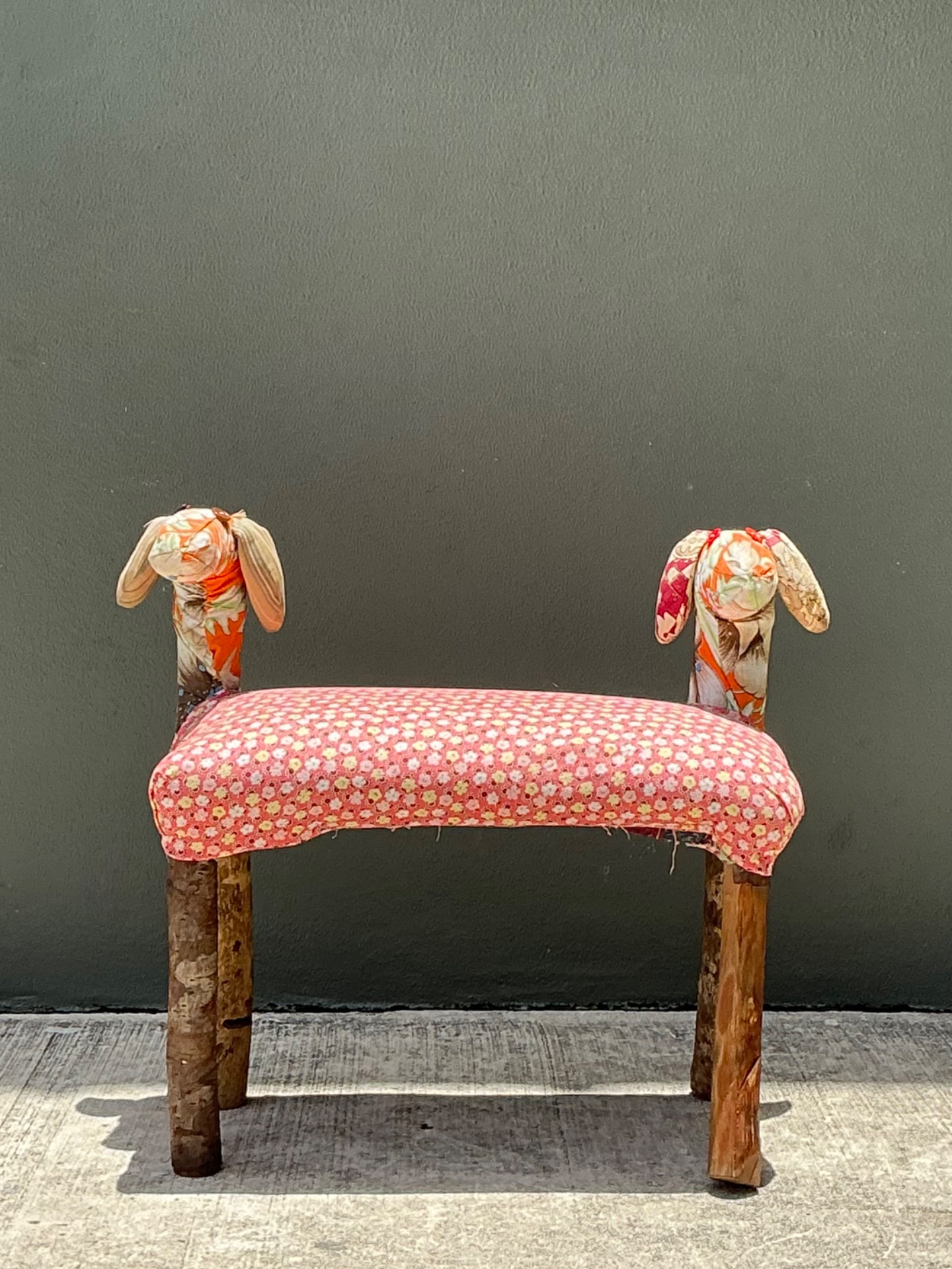 Vintage Handcrafted Textile and Wood Animal Bench - Detail view
