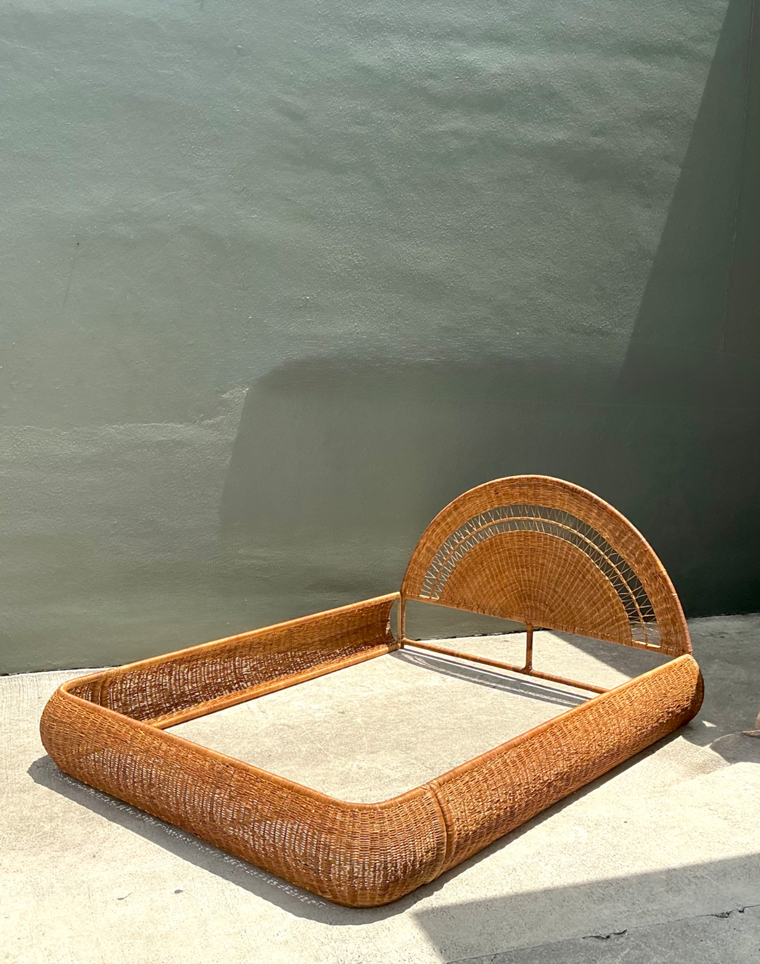 Vintage Woven Rattan Queen Bed Frame - Side view