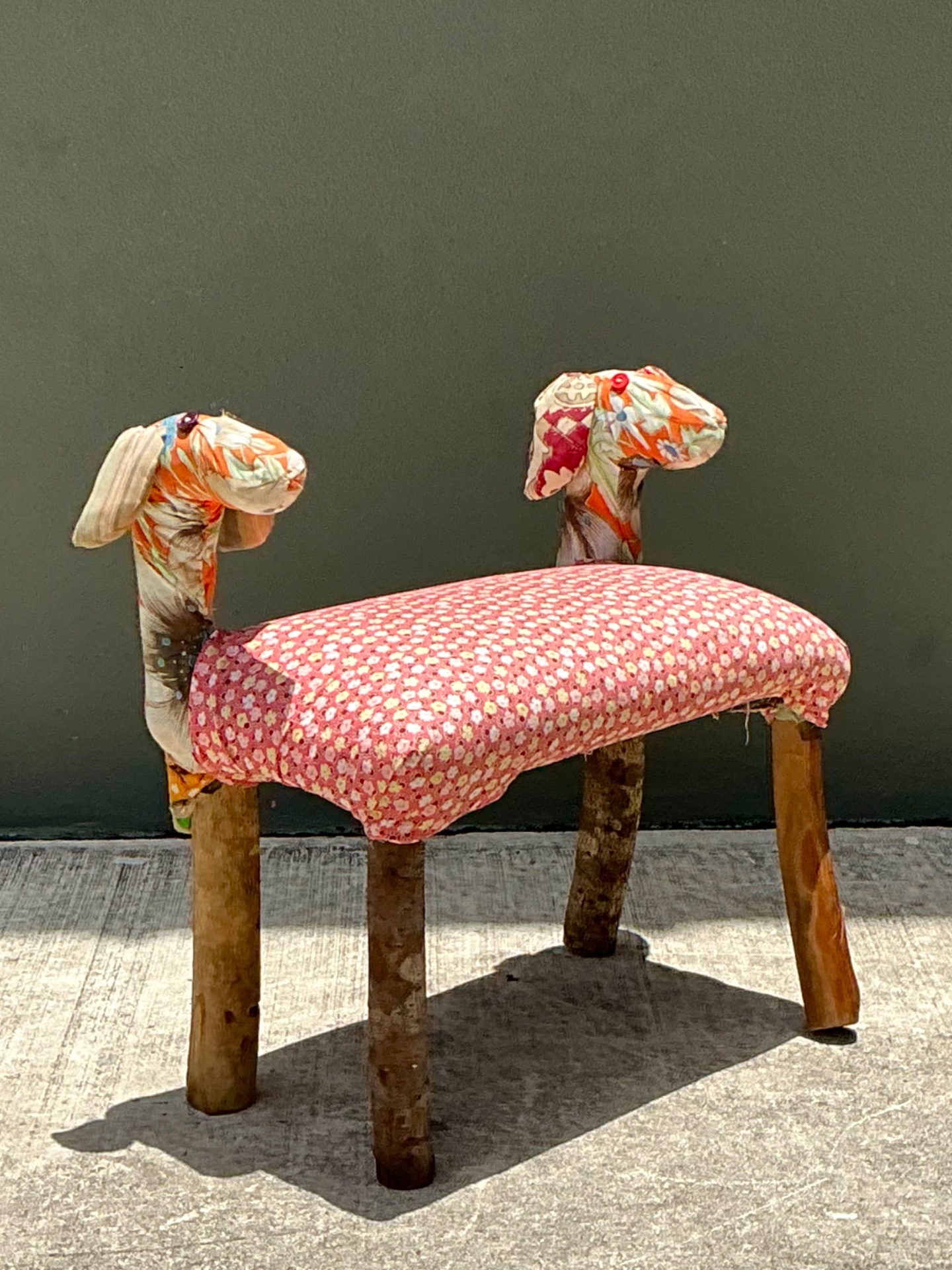 Vintage Handcrafted Textile and Wood Animal Bench - Back view