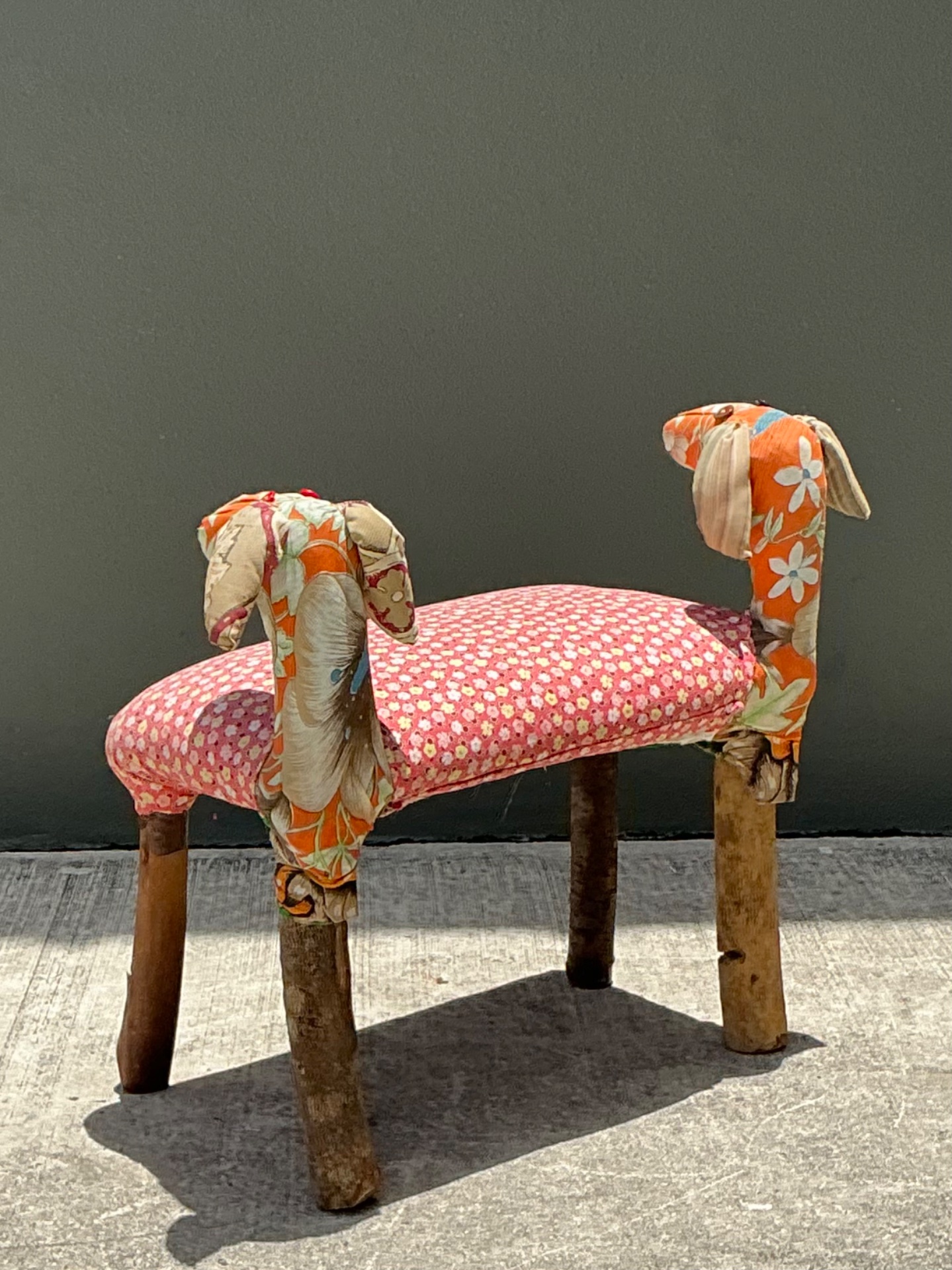 Vintage Handcrafted Textile and Wood Animal Bench - Top view
