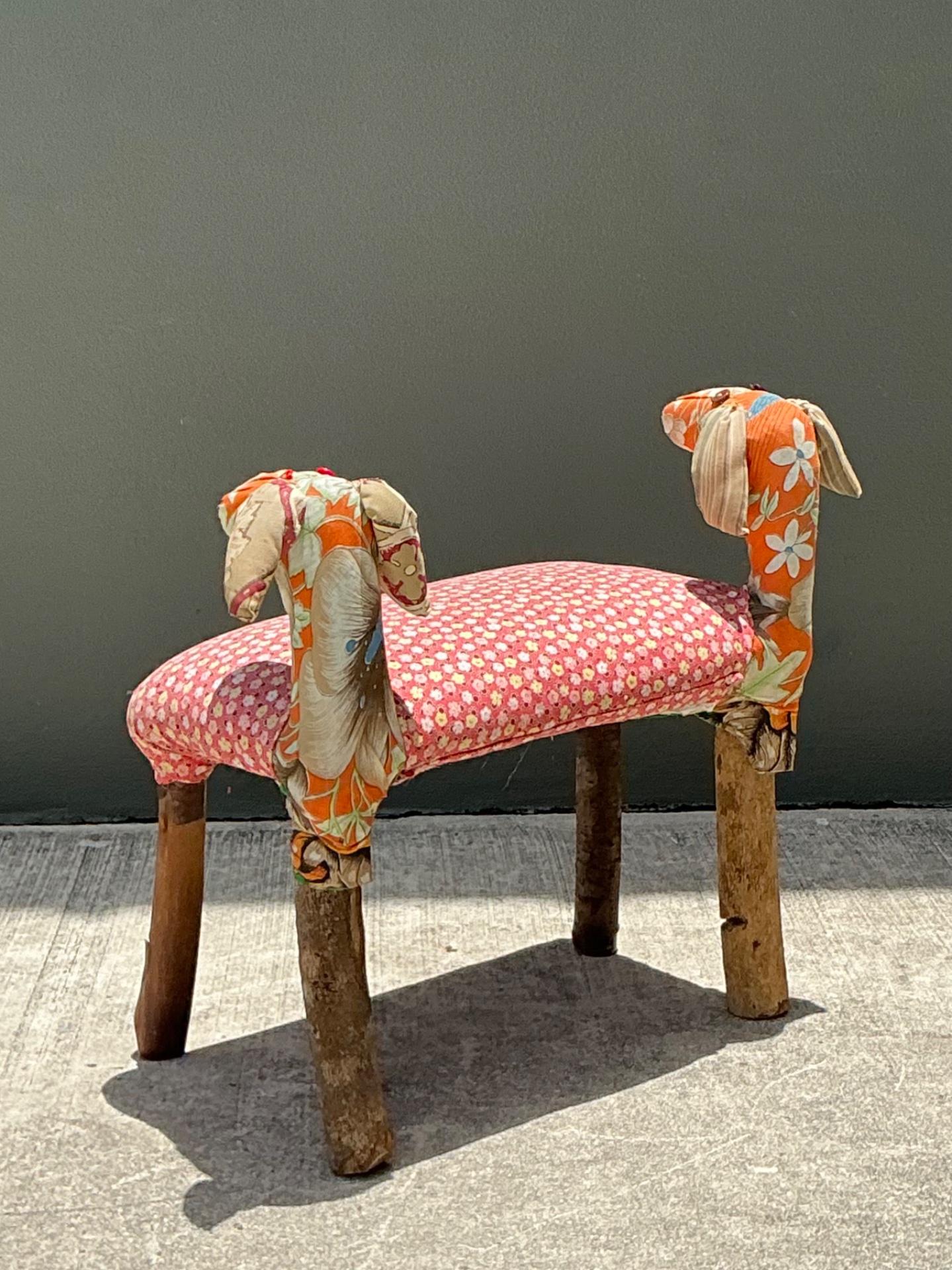 Vintage Handcrafted Textile and Wood Animal Bench - Side view