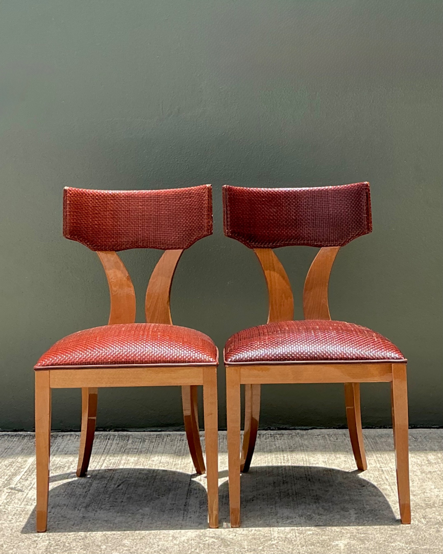 Vintage Wood and Woven Leather Dining Chairs - Pair - Side view