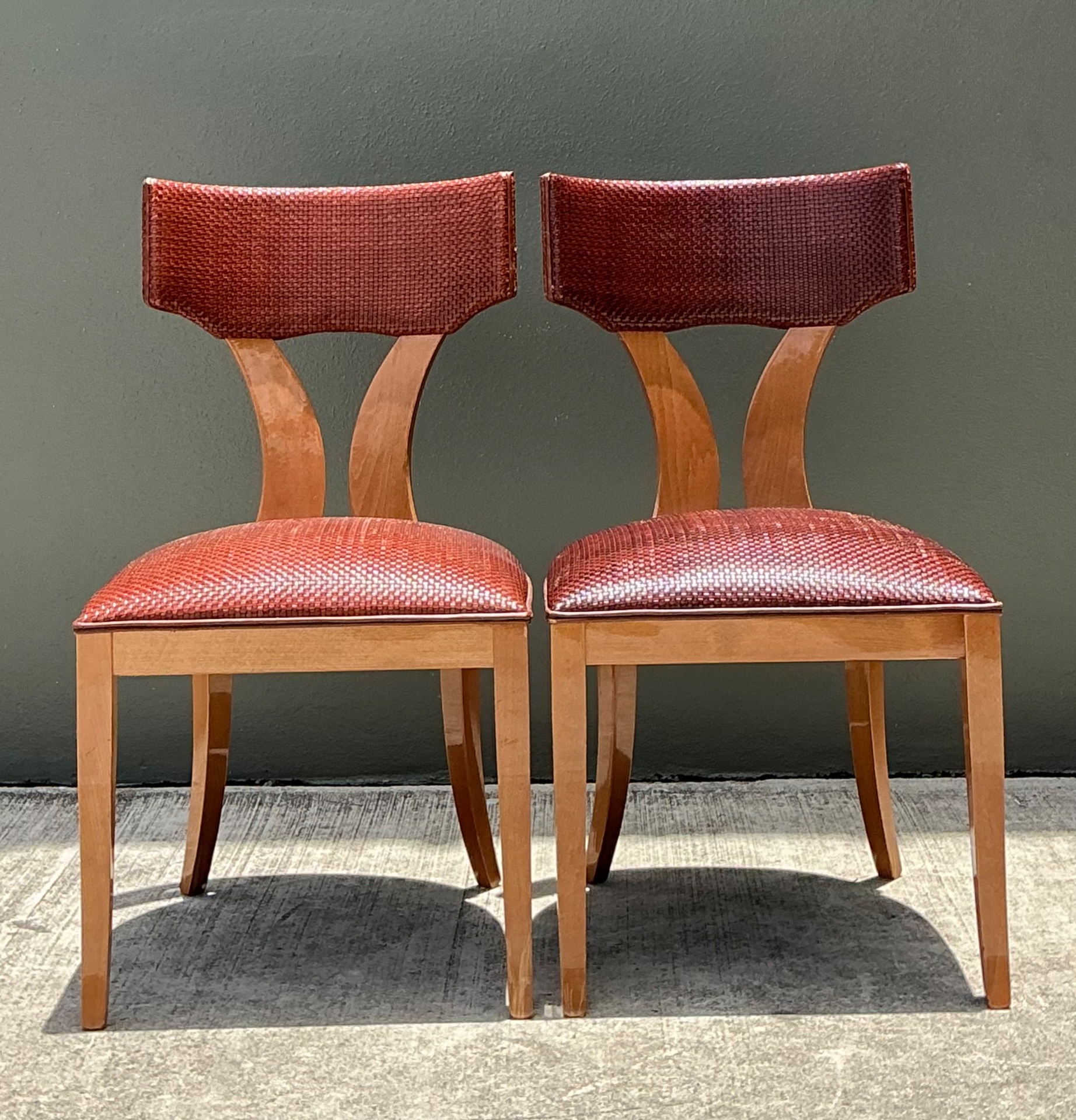 Vintage Wood and Woven Leather Dining Chairs - Pair - Back view