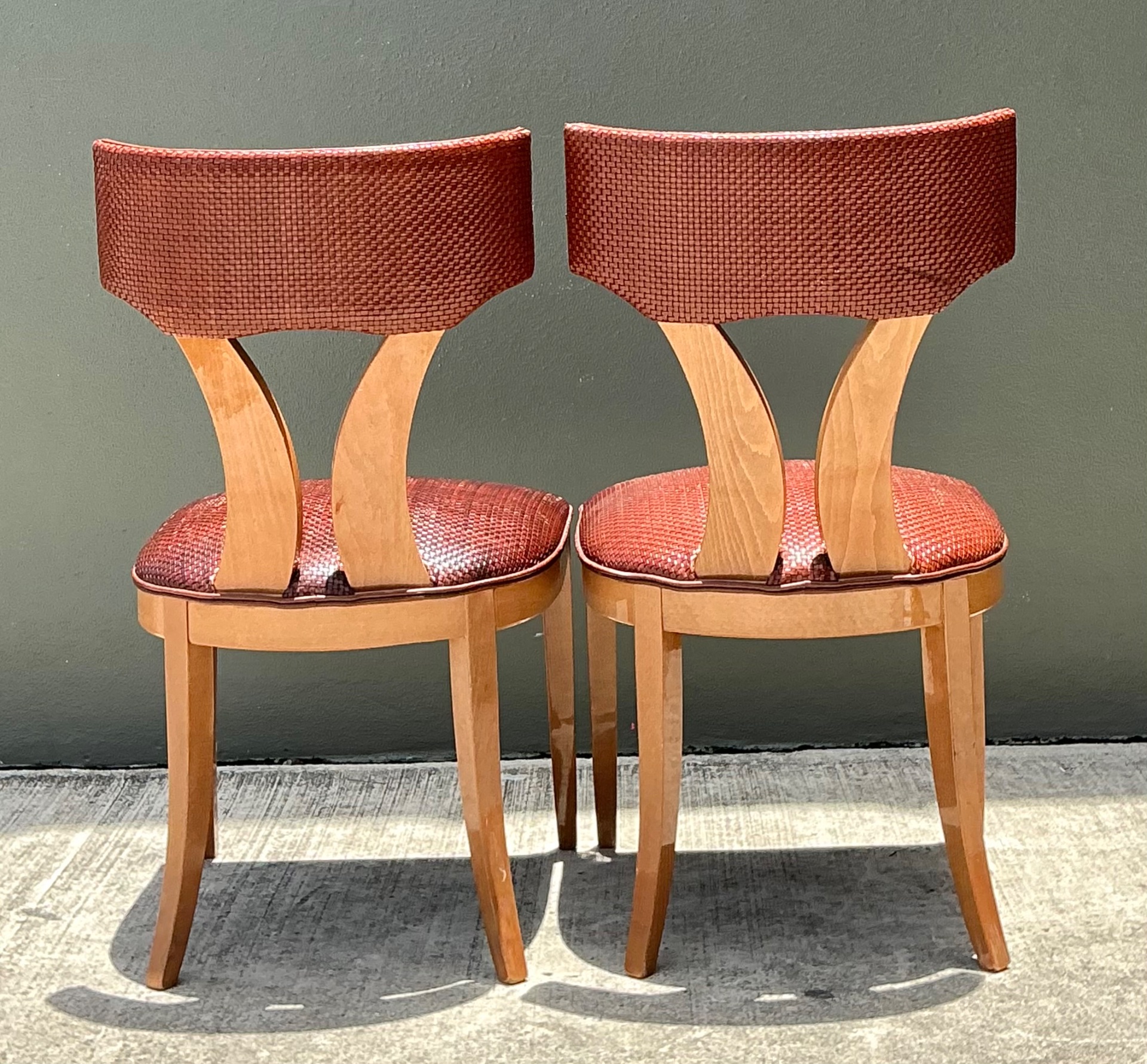 Vintage Wood and Woven Leather Dining Chairs - Pair - Detail view