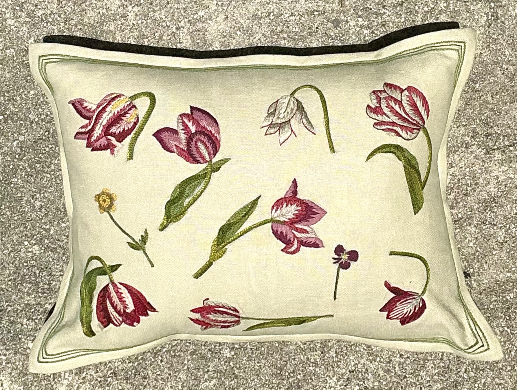 Vintage Chelsea Textile London Floral Embroidered Fabric Pillow - Back view