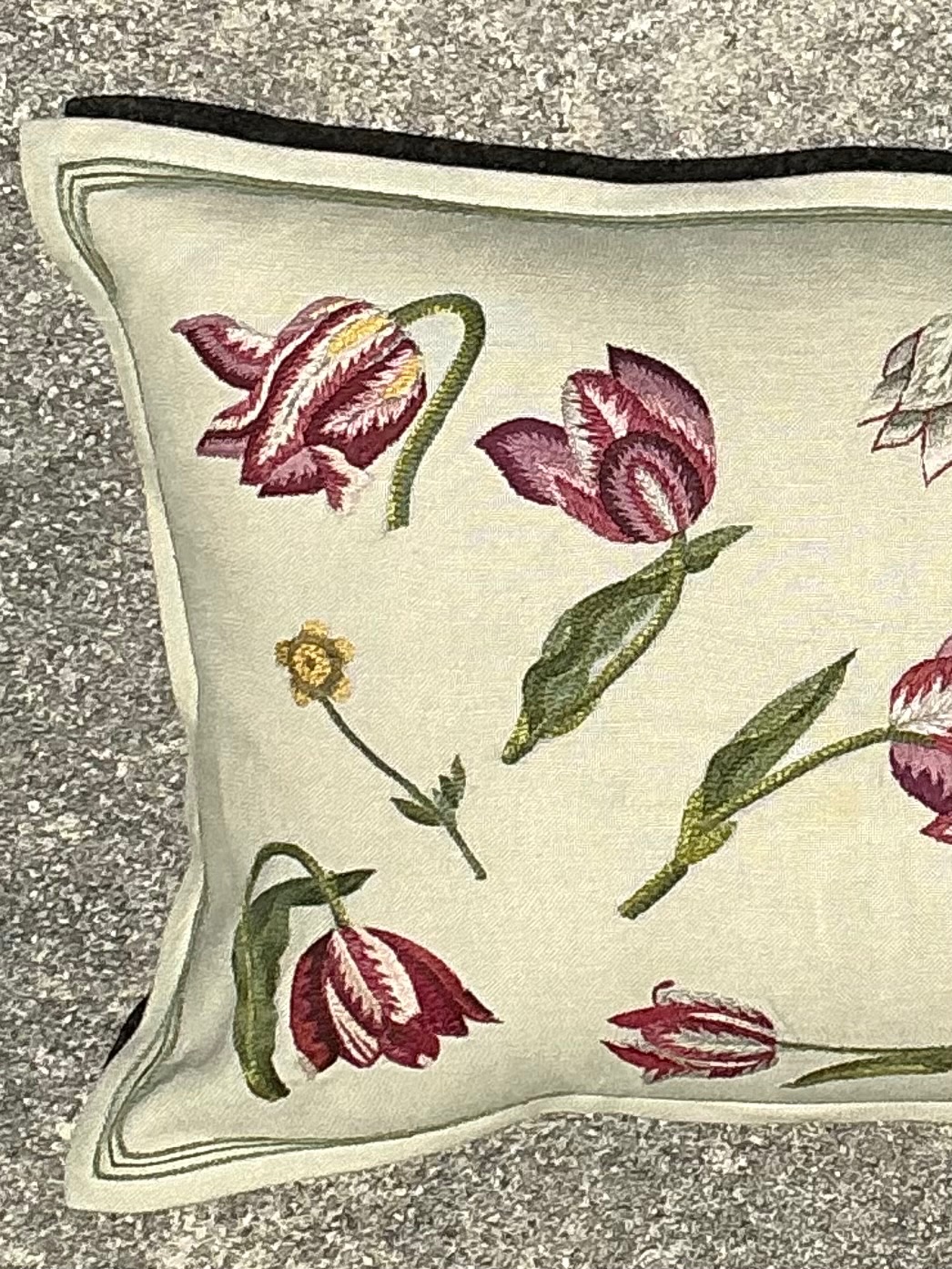 Vintage Chelsea Textile London Floral Embroidered Fabric Pillow - Side view