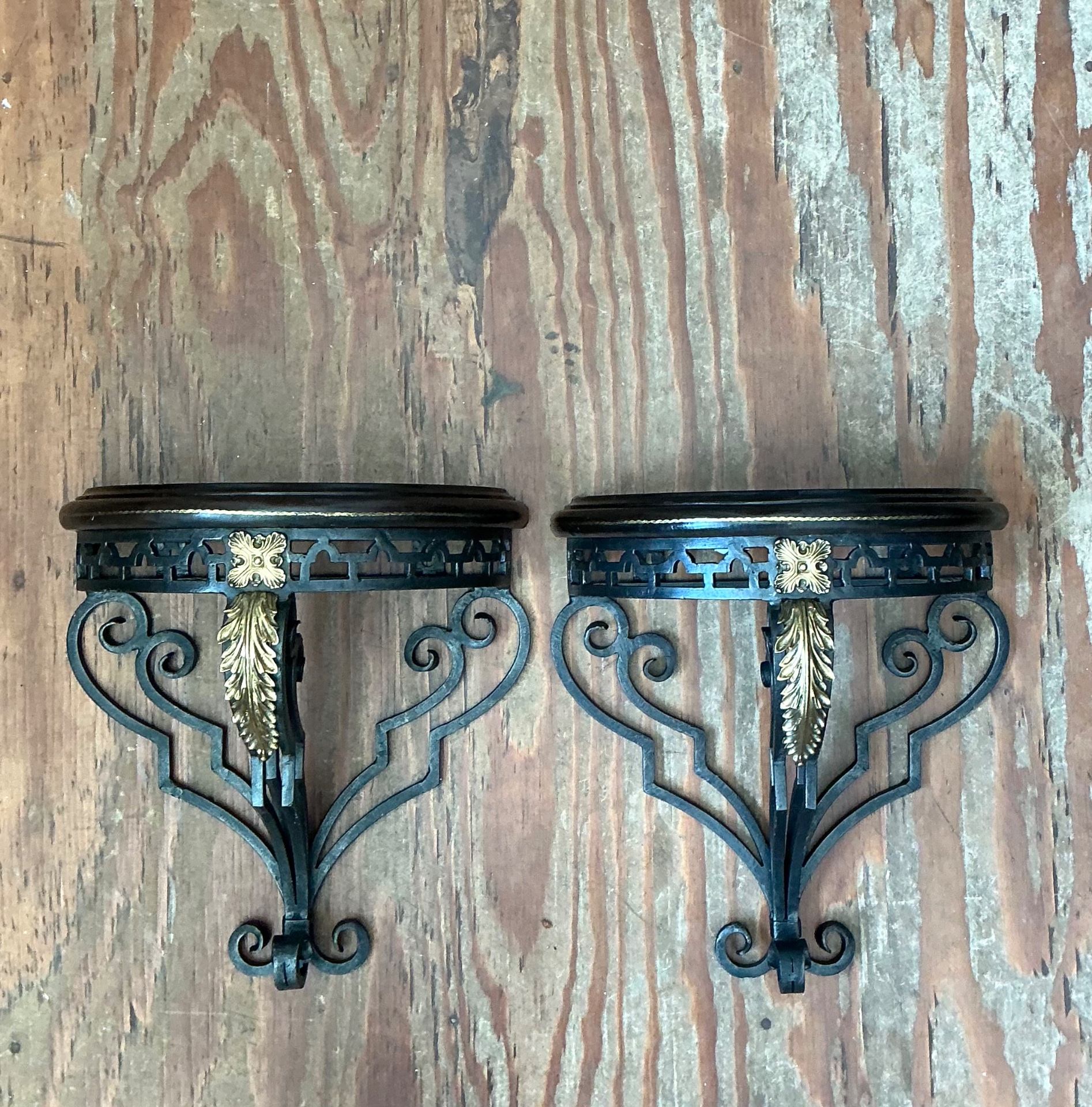 Vintage Maitland Smith Ornate Metal Wall Brackets - Set of 2 - Back view