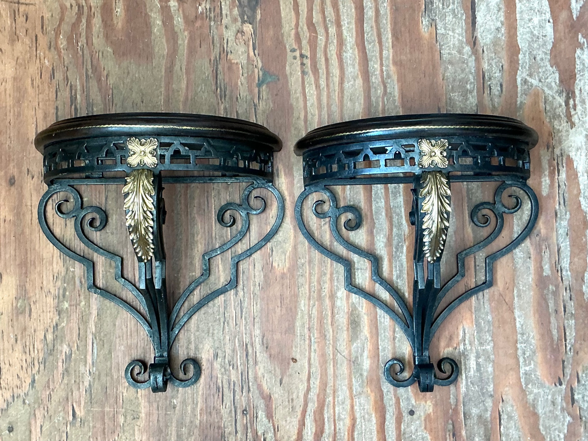 Vintage Maitland Smith Ornate Metal Wall Brackets - Set of 2 - Side view