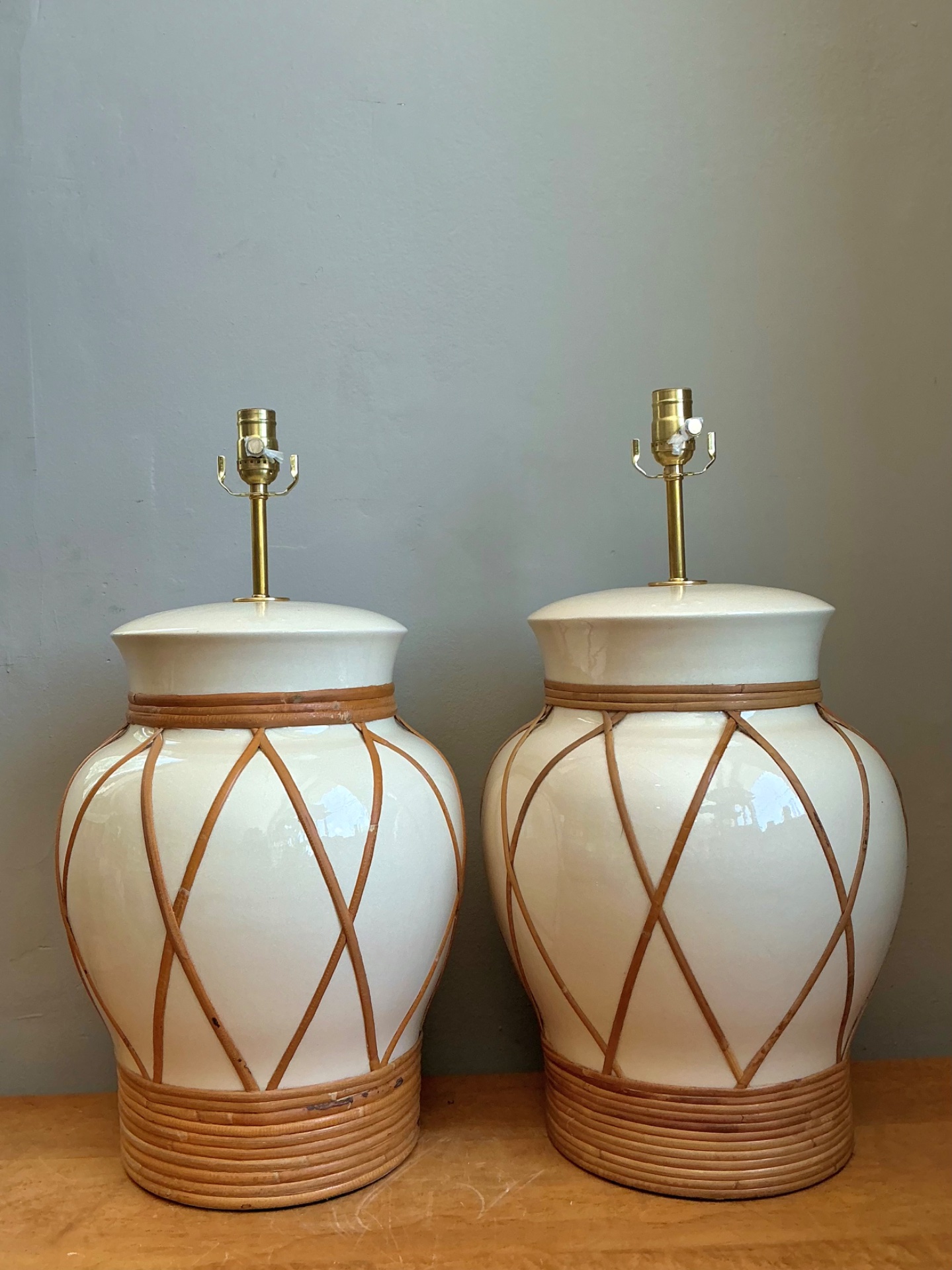 Vintage Ceramic and Rattan Table Lamps - Pair - Side view