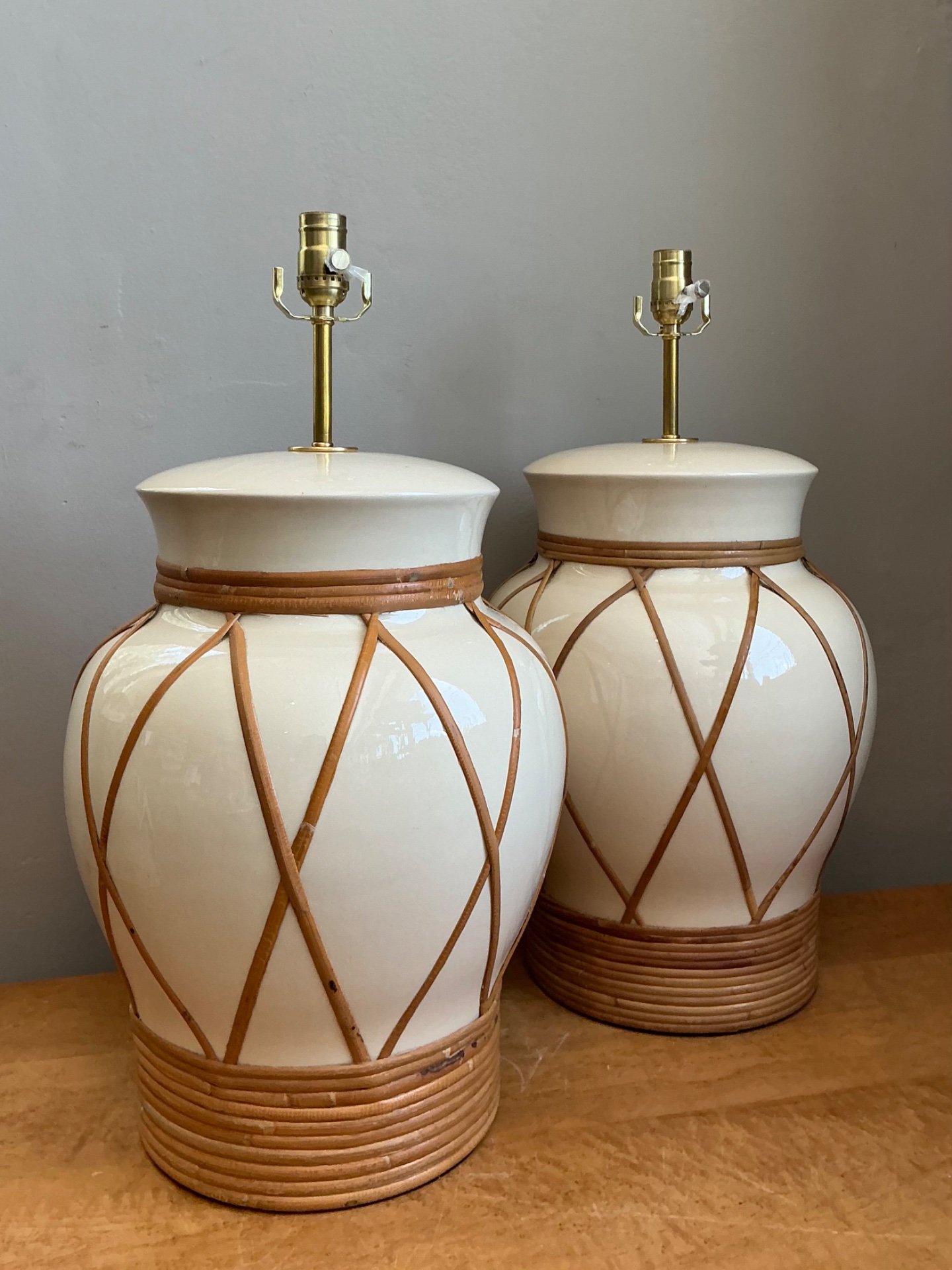 Vintage Ceramic and Rattan Table Lamps - Pair - Back view