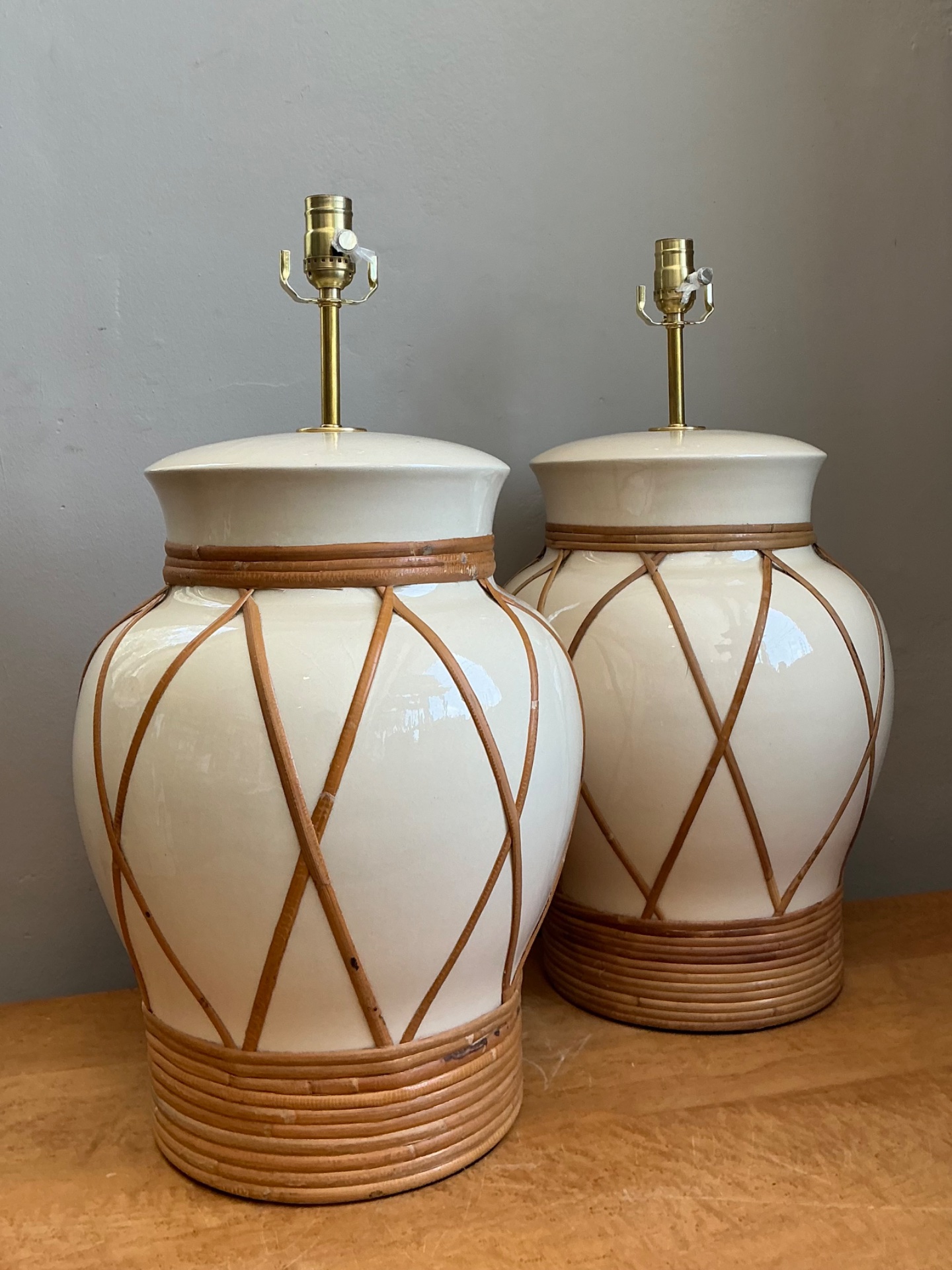 Vintage Ceramic and Rattan Table Lamps - Pair - Top view