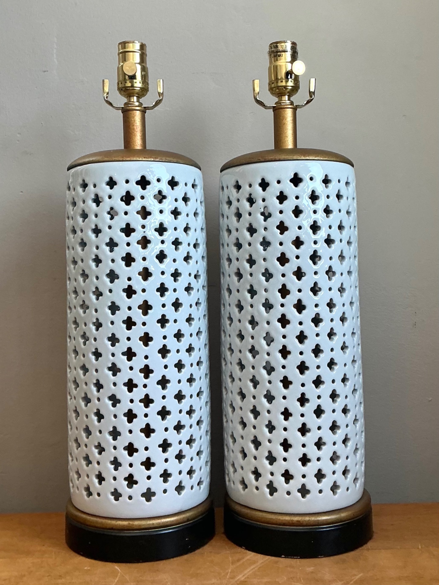 Vintage Perforated Ceramic Table Lamps - Pair - Back view