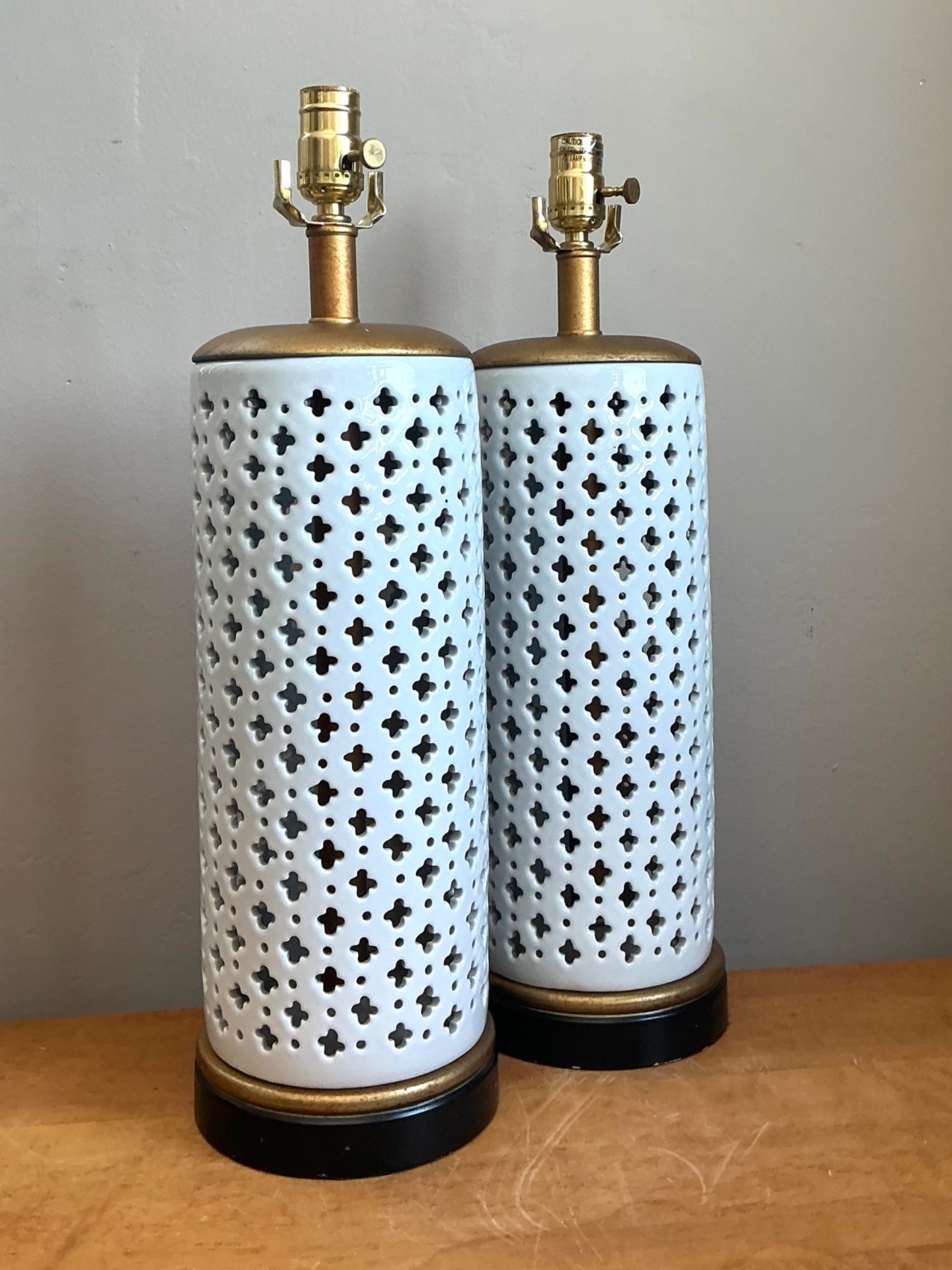 Vintage Perforated Ceramic Table Lamps - Pair - Side view