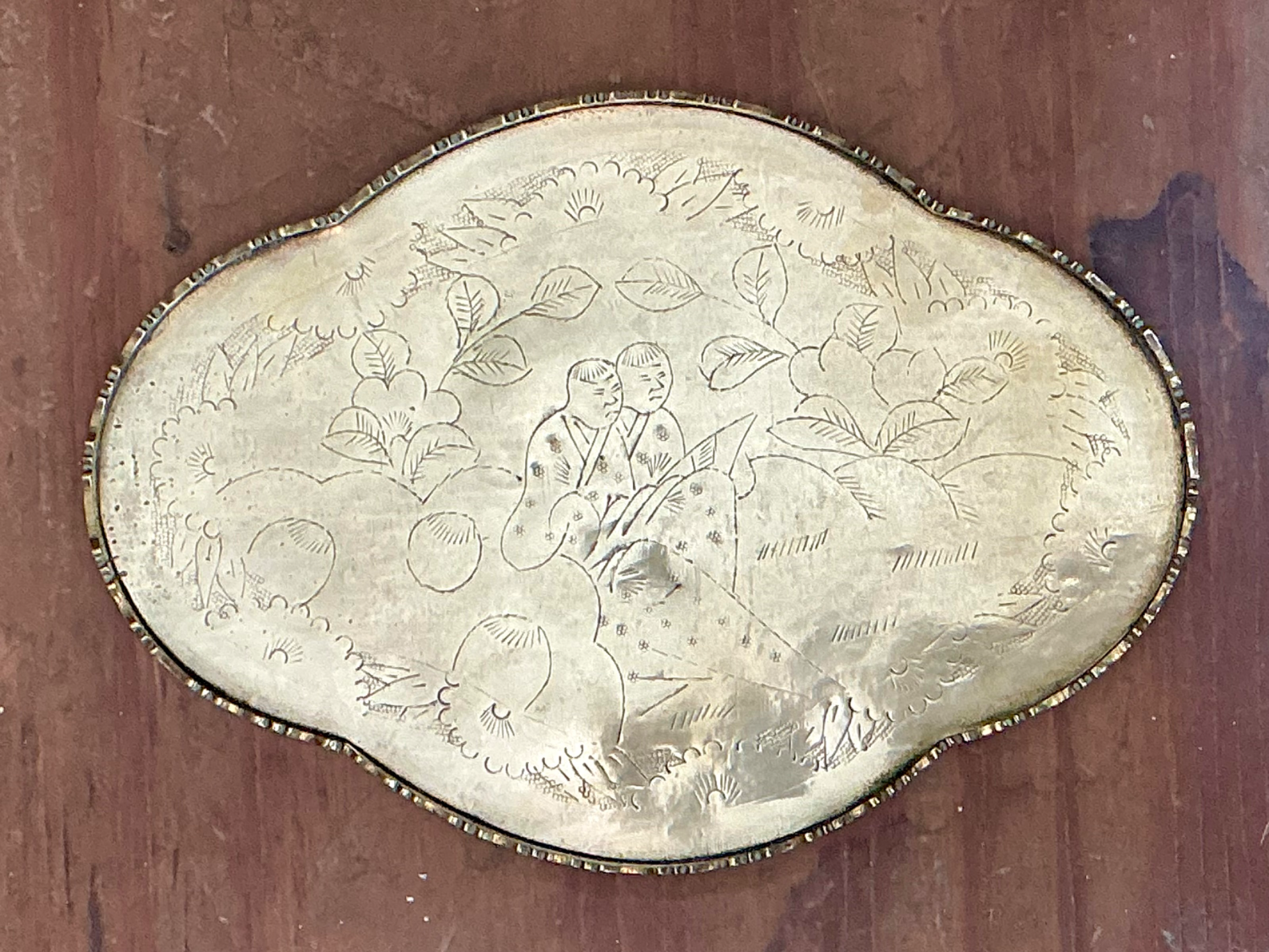 Vintage Engraved Chinoiserie Brass Tray - Side view