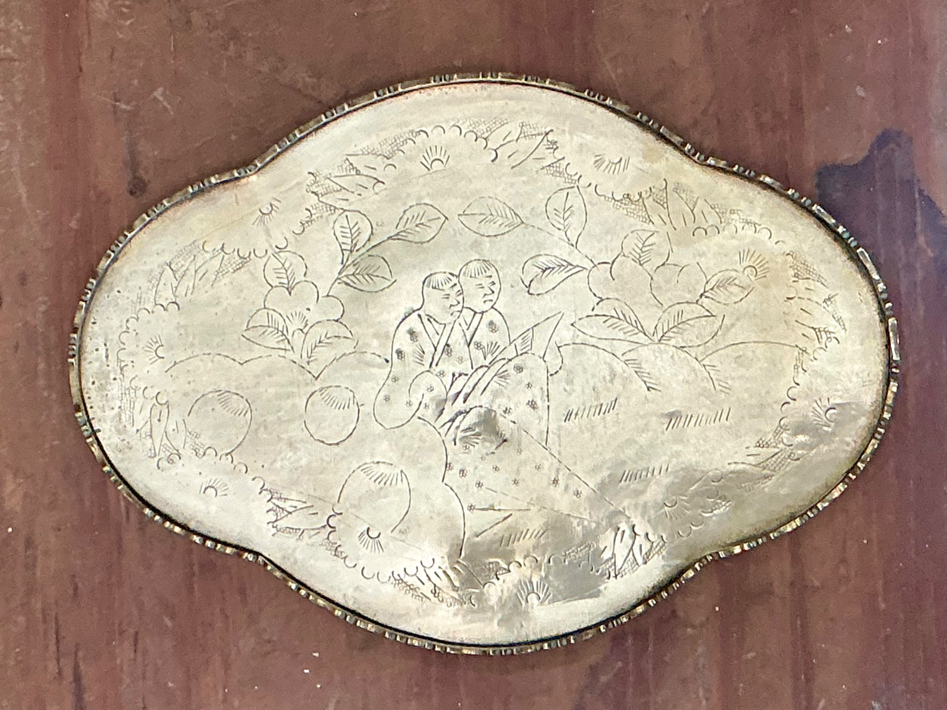 Vintage Engraved Chinoiserie Brass Tray - Top view